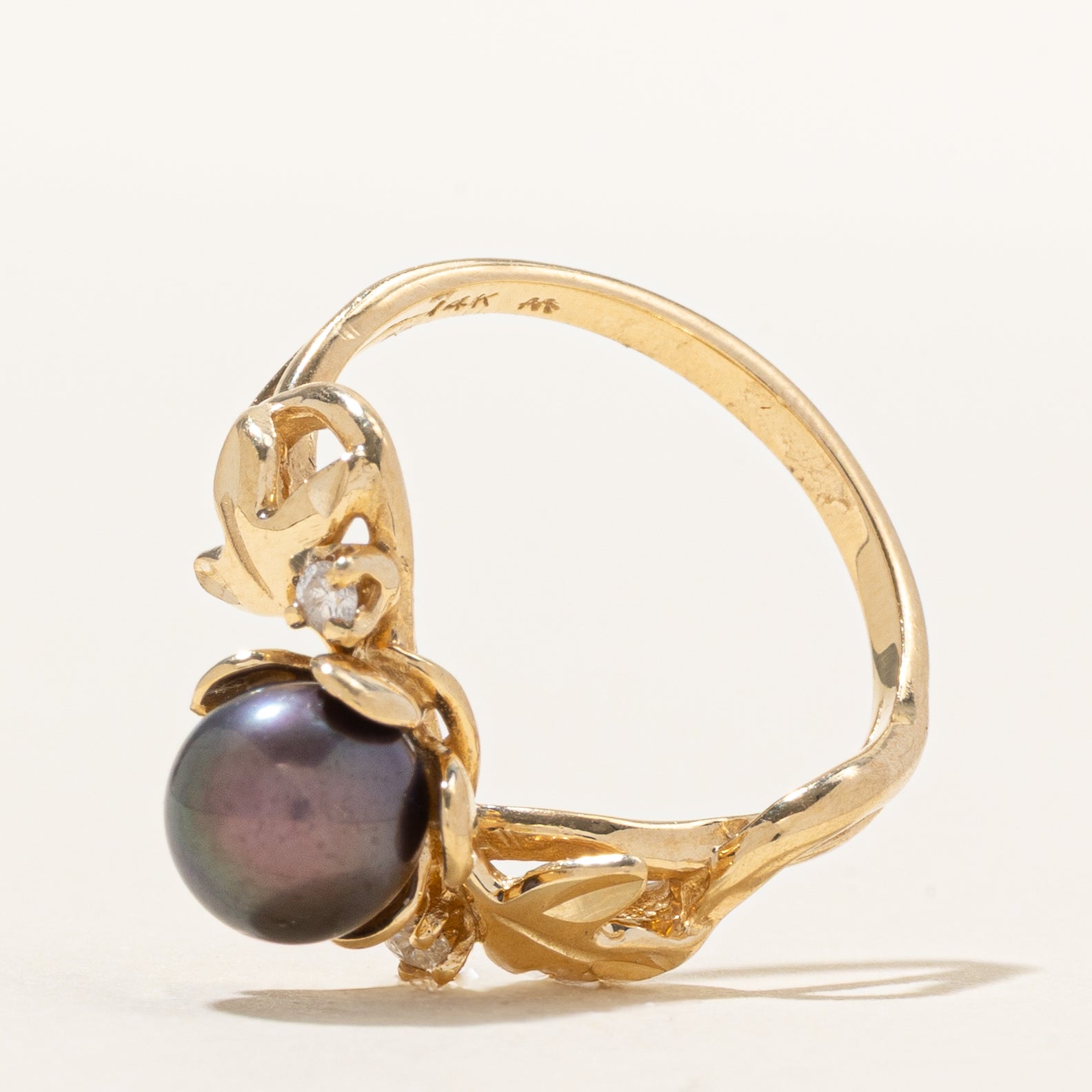 Black Pearl & Diamond Floral Ring | 0.06ctw | SZ 7