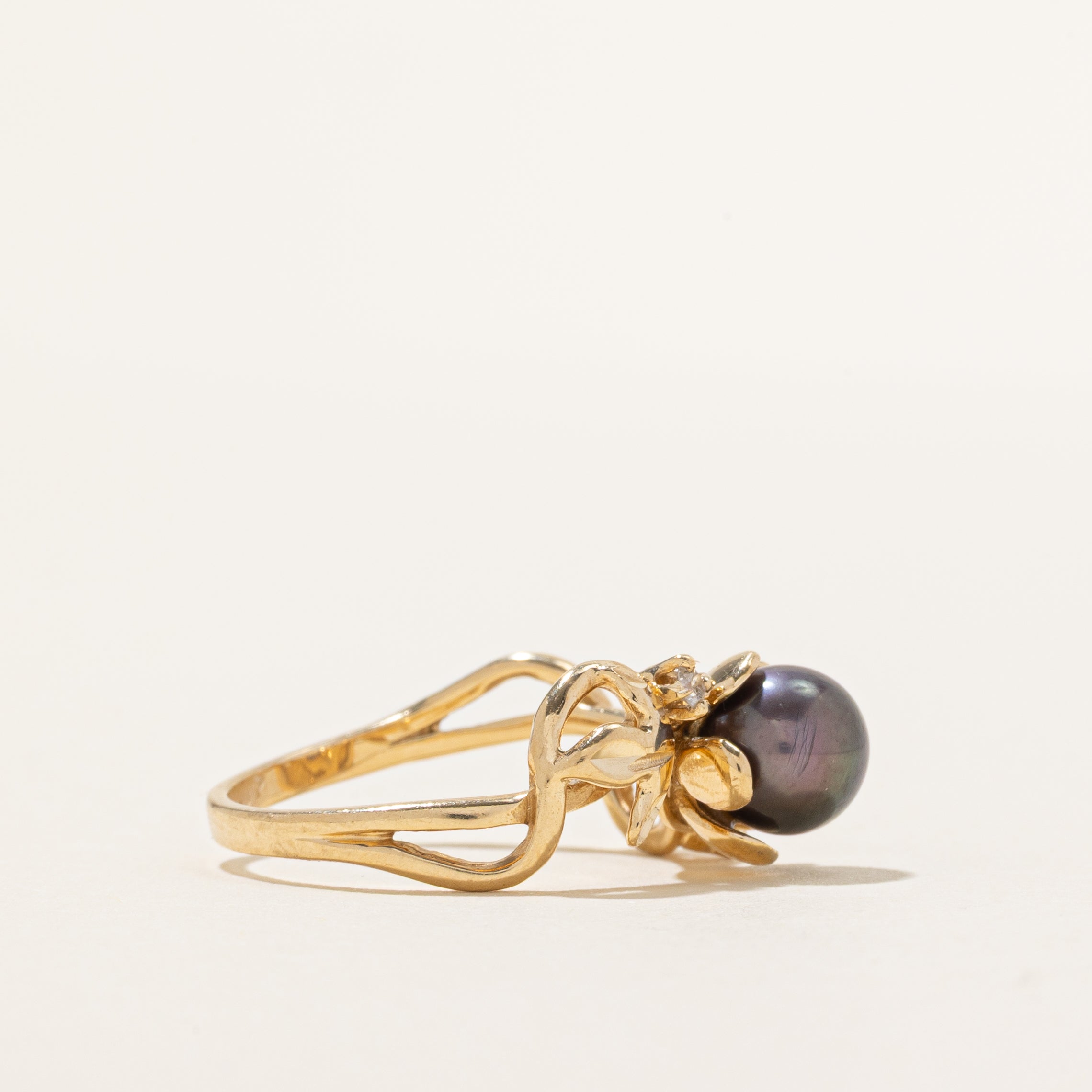 Black Pearl & Diamond Floral Ring | 0.06ctw | SZ 7