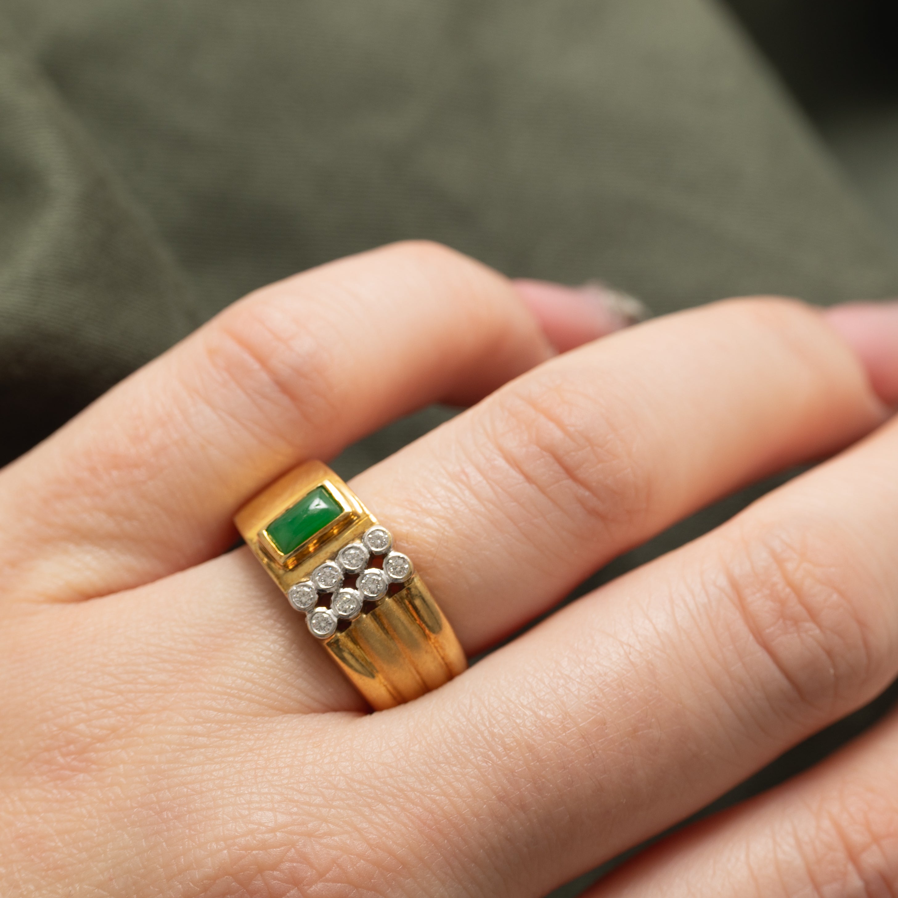 Bezel Set Jadeite & Diamond Grooved Band | 0.3ct, 0.14ctw | SZ 8.0 |