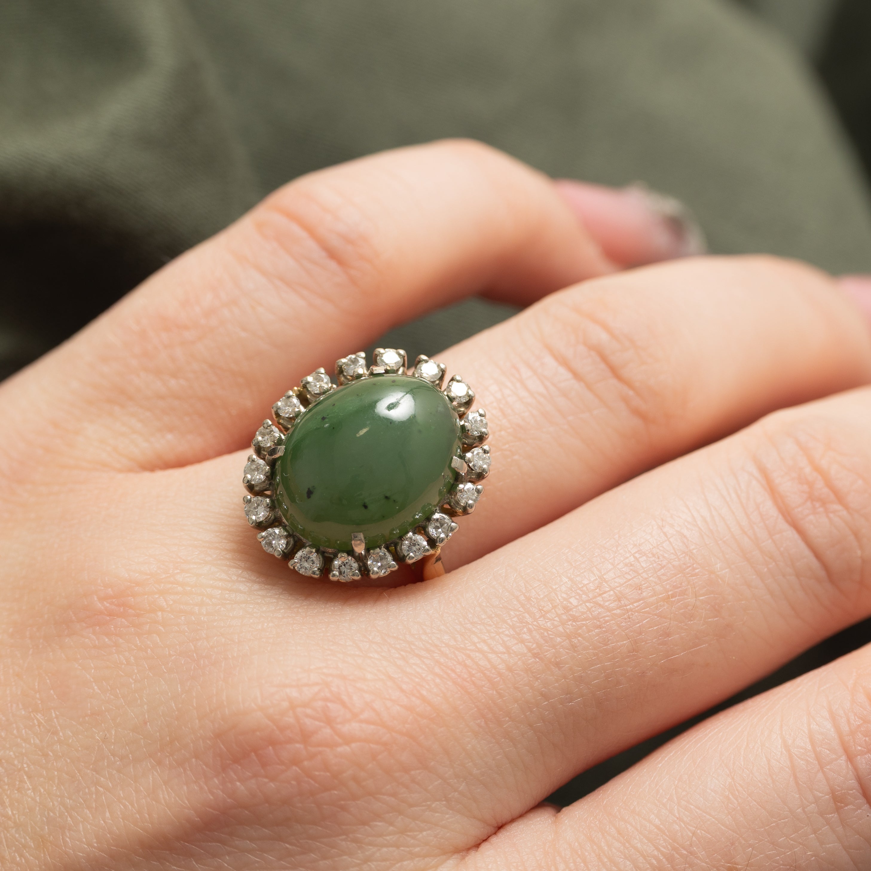 Nephrite Jade & Diamond Halo Cocktail Ring | 10.0ct, 0.38ctw | SZ 7.5 |
