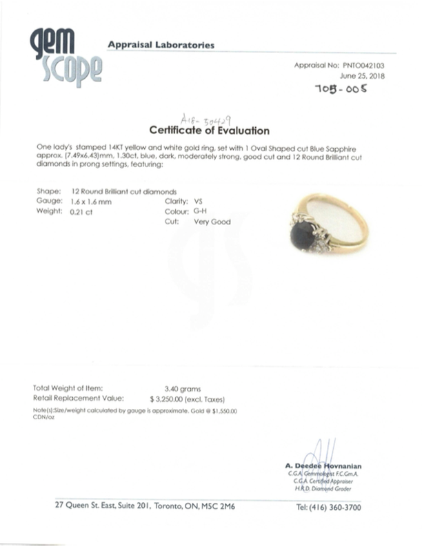 14k Yellow Gold Blue Sapphire and Diamond Ring | 1.30ct, 0.21ctw | SZ 6.25