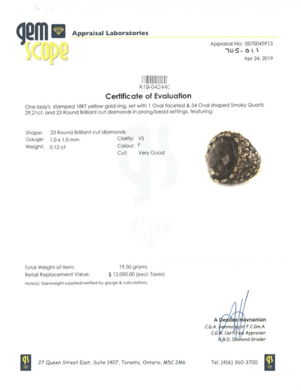 18k Yellow Gold Smoky Quartz and Diamond Ring | 29.21ctw, 0.12ctw | Sz 6.75