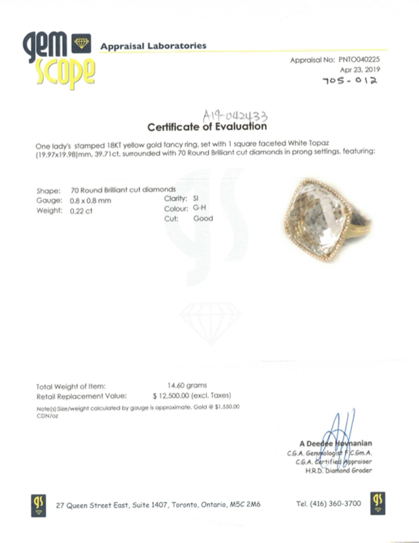 Bague en or jaune 18 carats, topaze blanche et diamants | 39,71 ct, 0,22 ct au total | Taille 7