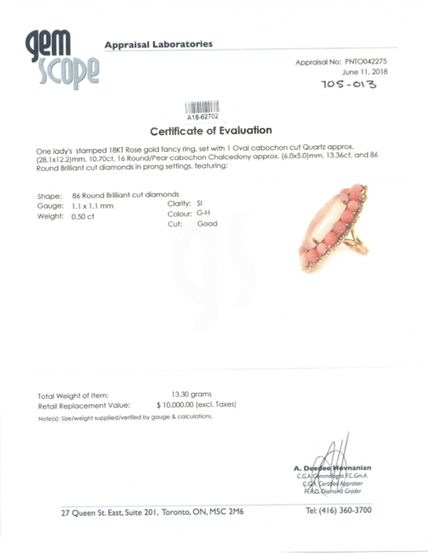 Bague en or rose 18 carats, quartz calcédoine et diamants | 10,70 ct, 13,36 ct au total, 0,50 ct au total | Taille 7