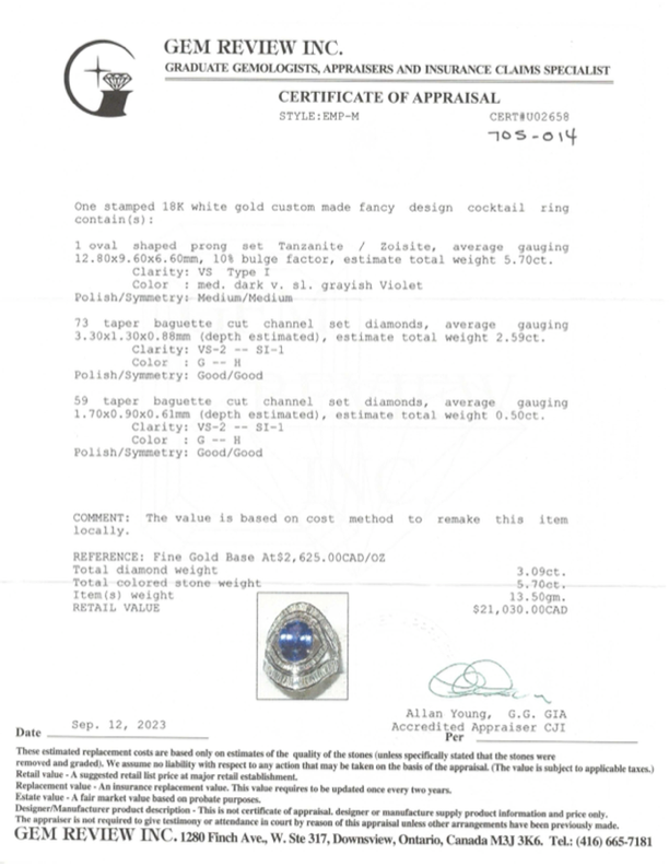 Bague en or blanc 18 carats, tanzanite et diamants | 5,70 ct, 3,09 ct au total | Taille 7