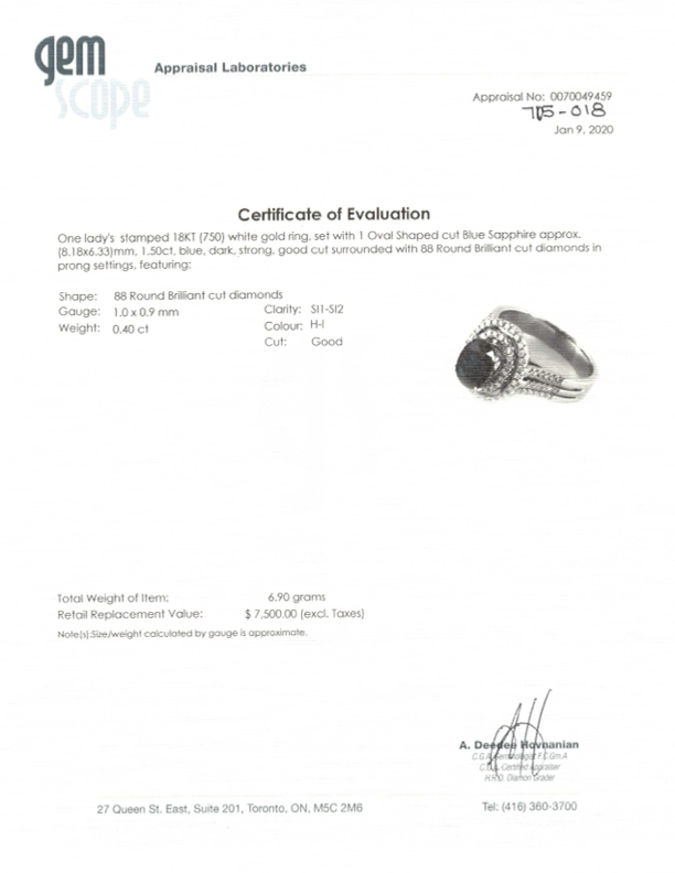 Bague en or blanc 18 carats, saphir bleu et diamants | 1,50 ct, 0,40 ct au total | Taille 7,25