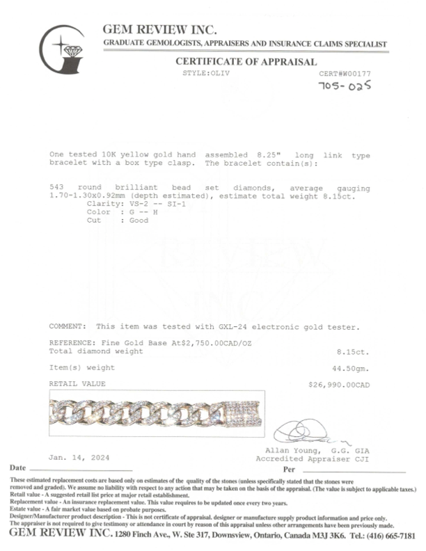 10k Yellow Gold Diamond Bracelet | 8.15ctw | 8.25"