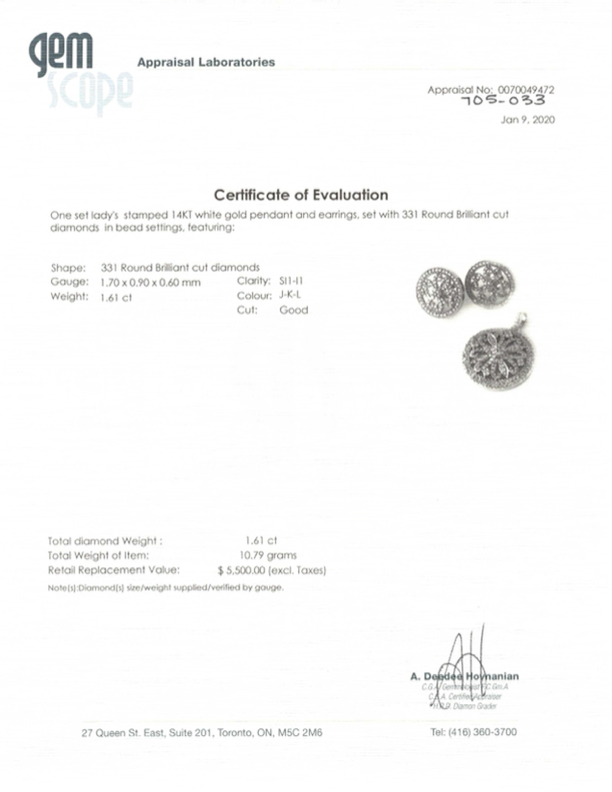 Ensemble collier et boucles d'oreilles en or blanc 14 carats et diamants | 1,61 ct au total | 43 cm