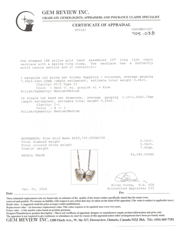18k Yellow Gold Butterfly Sapphire and Diamond Necklace | 0.34ct, 0.15ctw | 16"