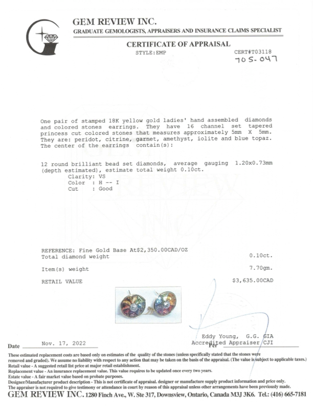 18k Yellow Gold Colored Stones and Diamond Earring | 5x5mm, 0.10ctw |