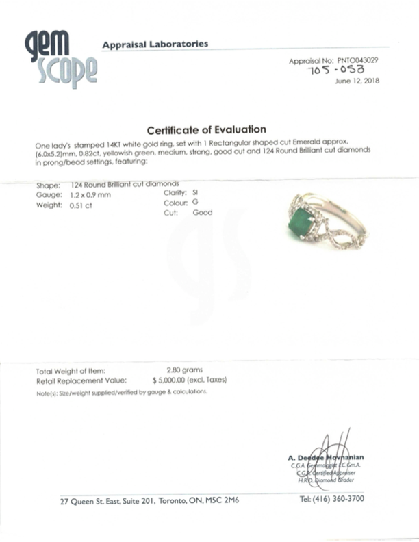 Bague en or blanc 14 carats, émeraude et diamants | 0,82 ct, 0,51 ct au total | Taille 6,75