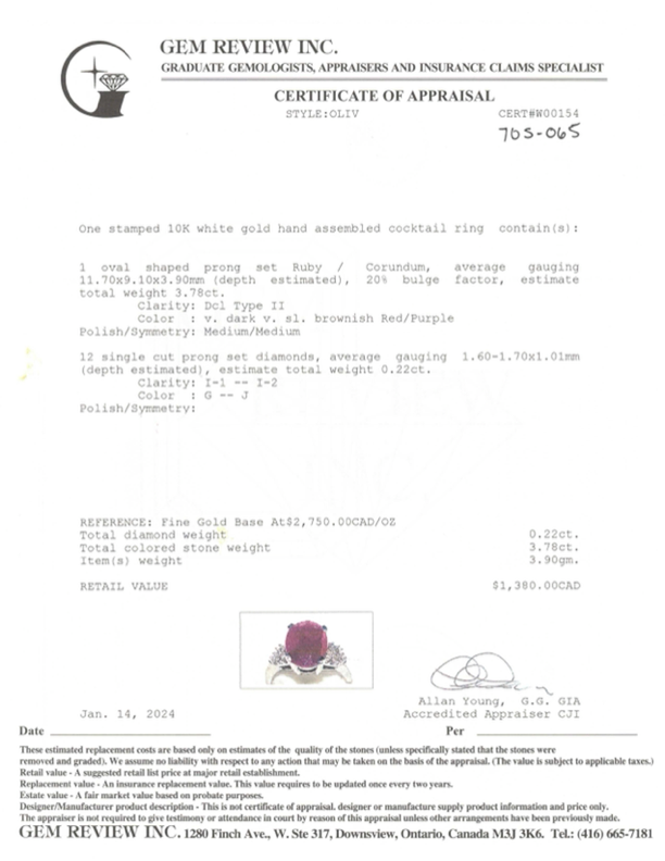 10k White Gold Ruby and Diamond Ring | 3.78ct, 0.22ctw | Size 6.25