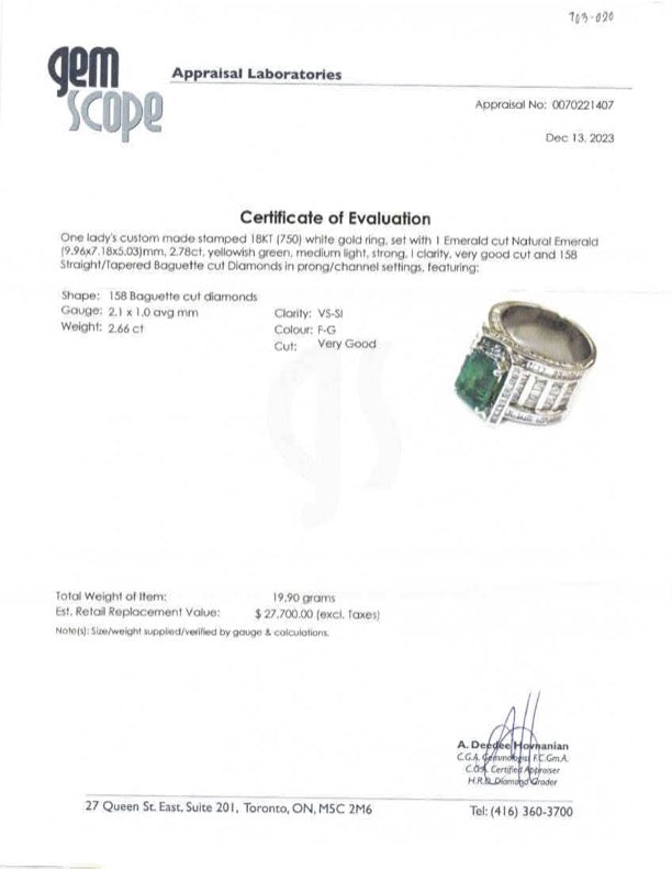 Emerald and Diamond 18k White Gold Ring | 2.78 ct, 2.66 ctw | Sz 7.5
