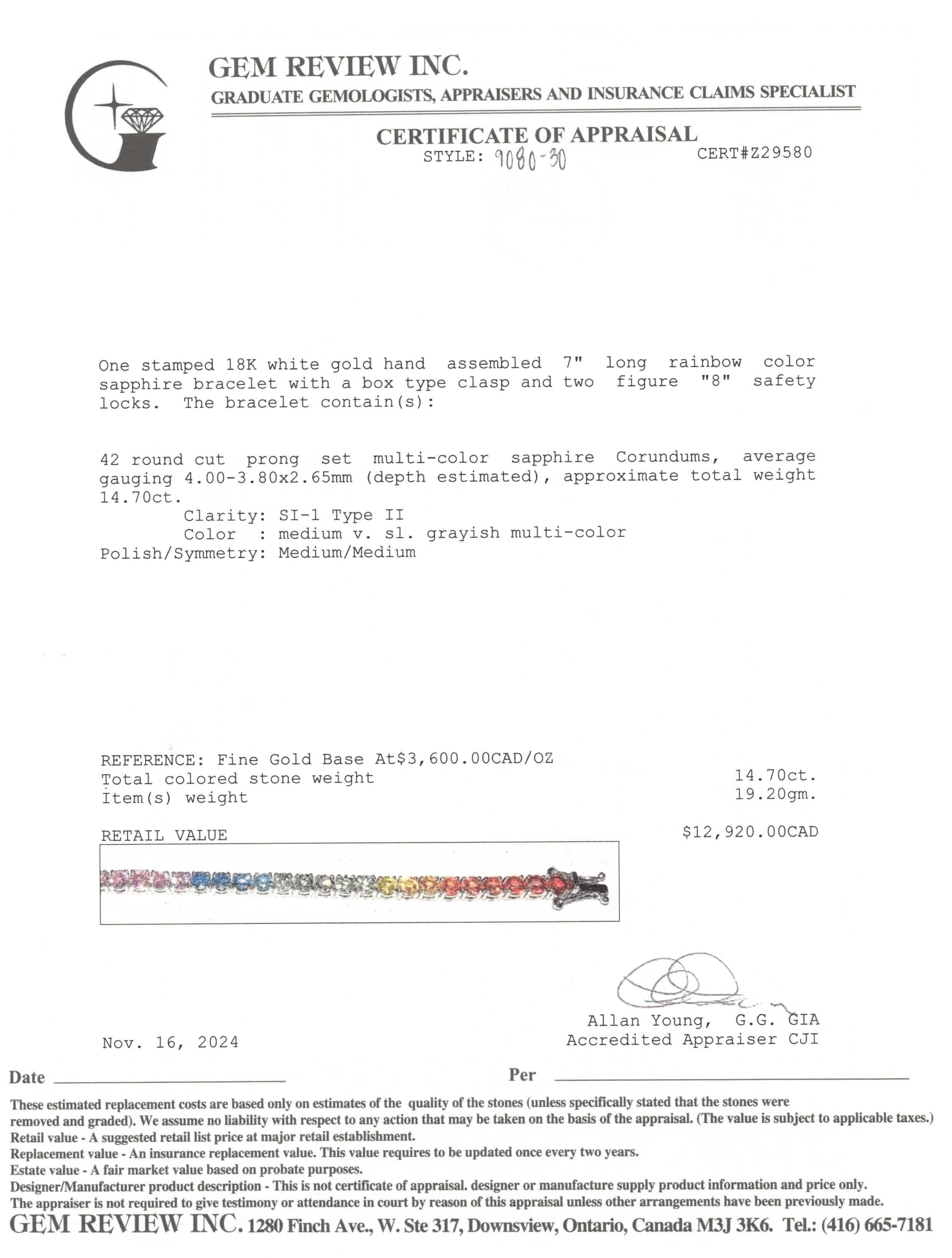 Rainbow Sapphire Tennis Bracelet | 14.70ctw | 7" |