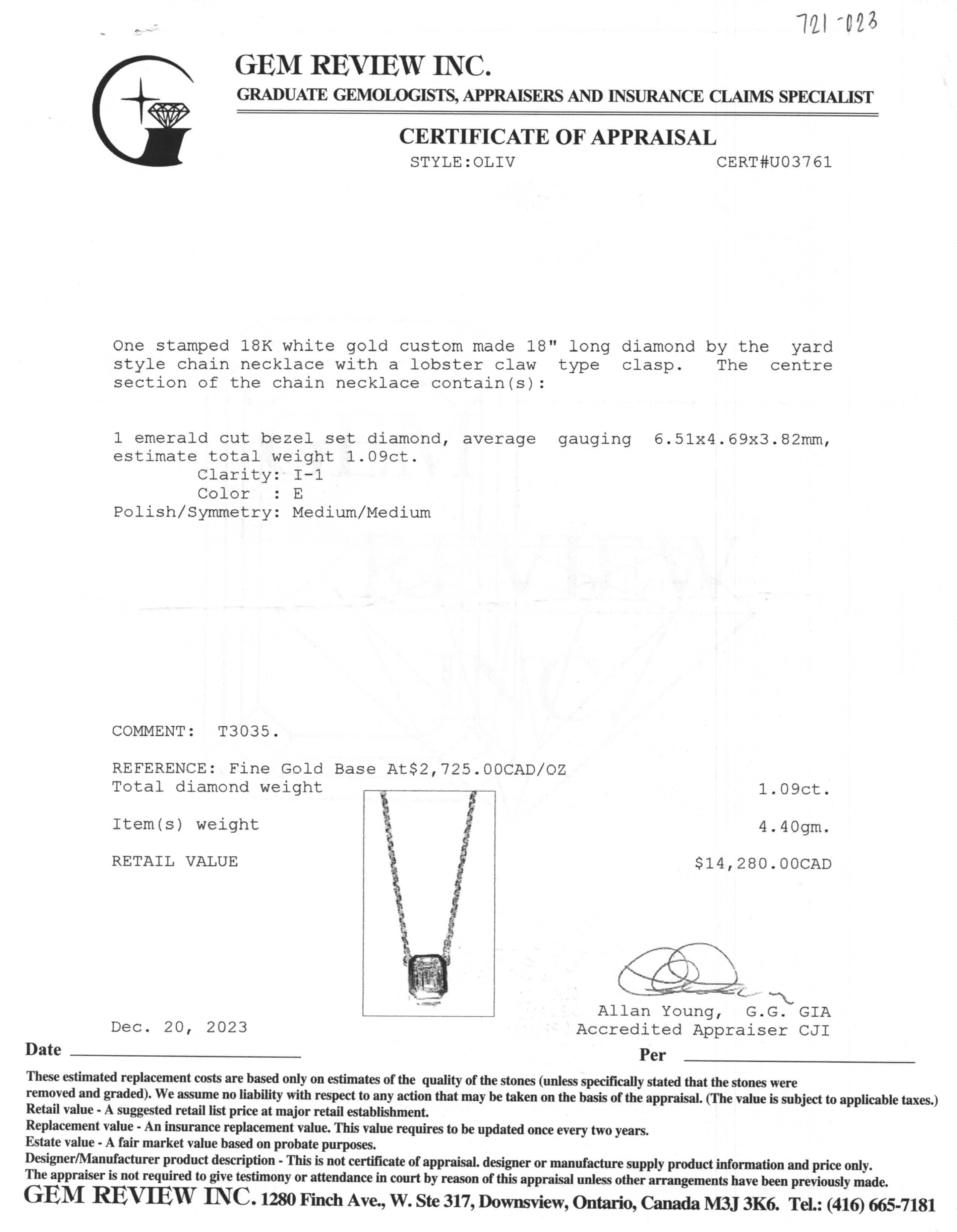 White Gold & Emerald Cut Diamond Necklace | 1.09ct | 18" |