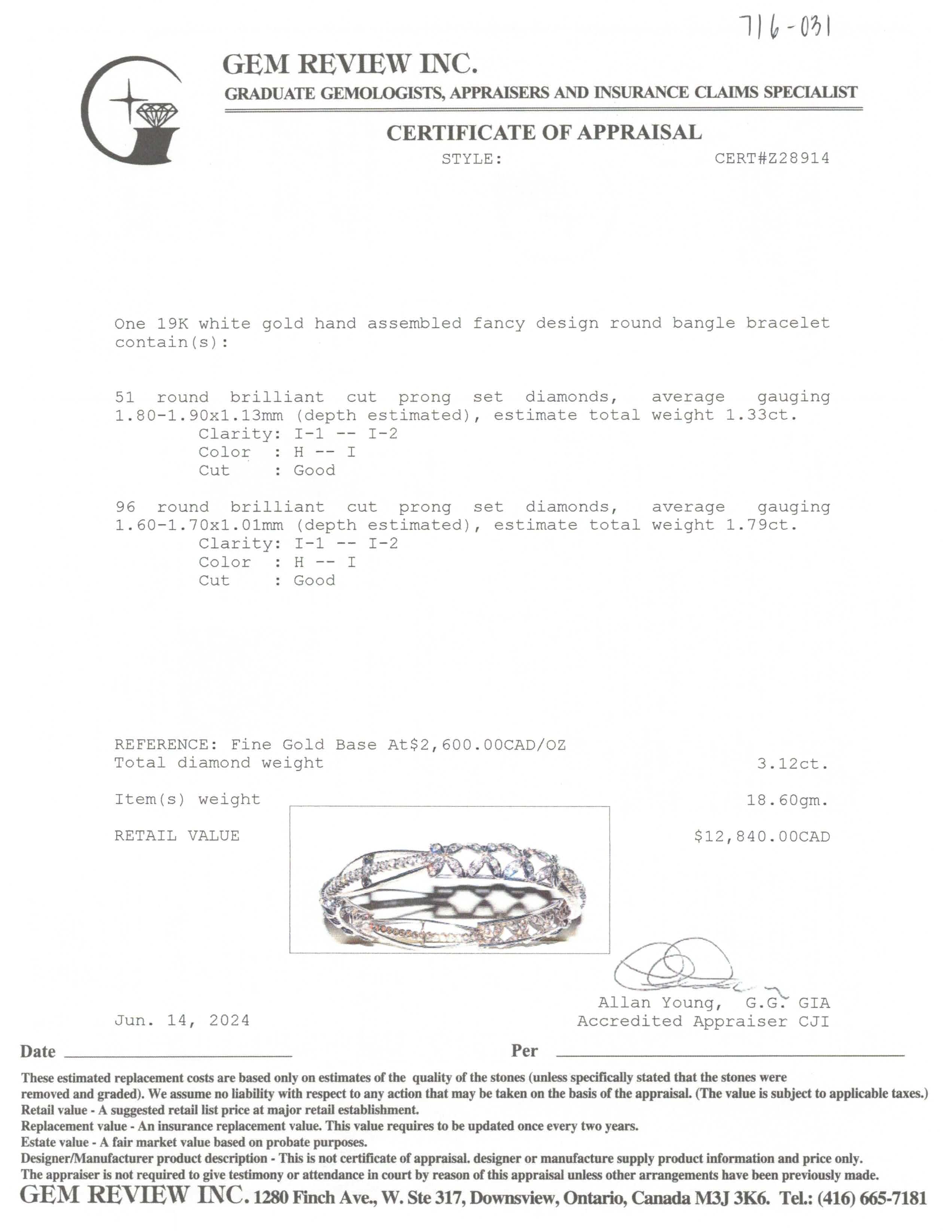 Diamond Bangle | 3.12ctw I1-I2 H/I | 8" |