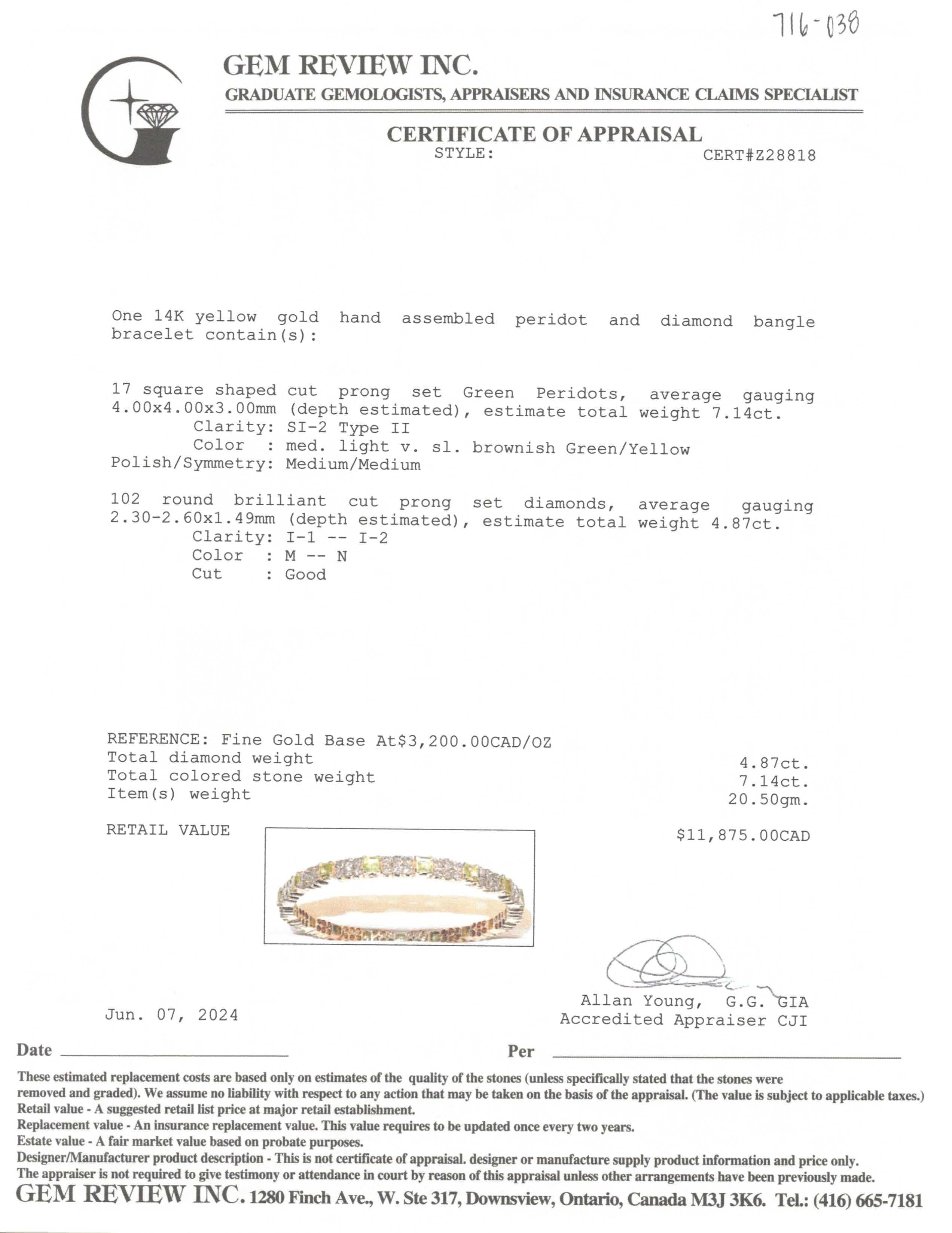 Peridot & Diamond Bangle | 7.14ctw, 4.87ctw | 8" |