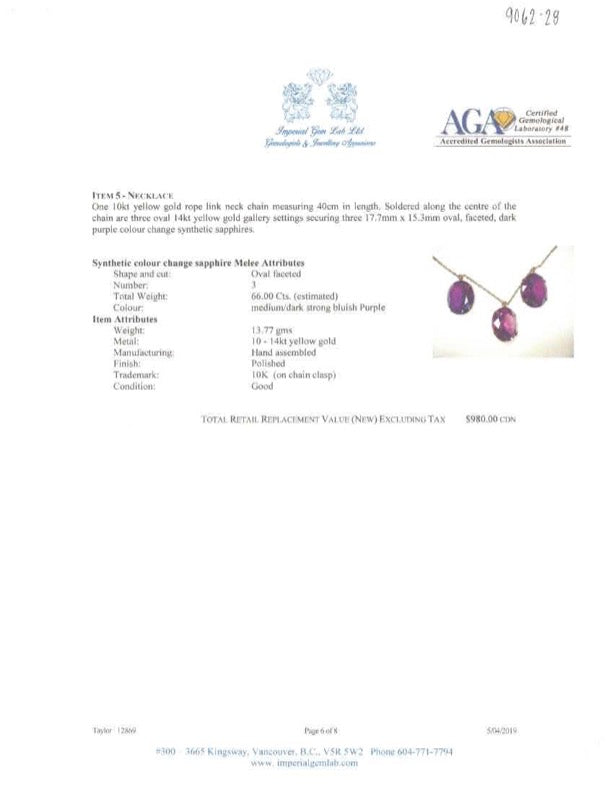 Synthetic Colour Change Sapphire Pendant Necklace | 52.00ctw | 16" |