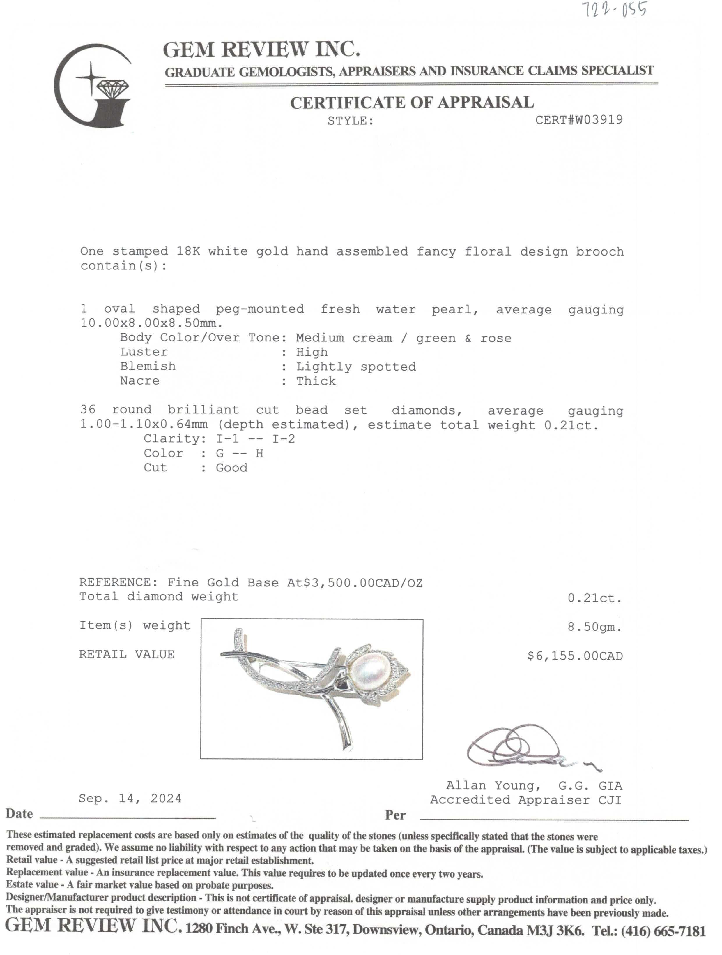 Fresh Water Pearl & Diamond Brooch | 0.21ctw |