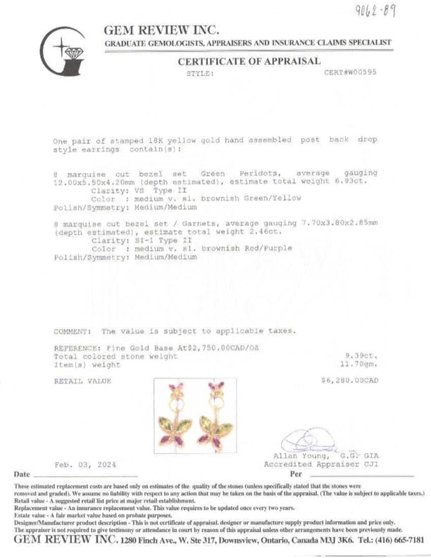 Peridot & Garnet Butterfly Drop Earrings | 6.93ctw, 2.46ctw |