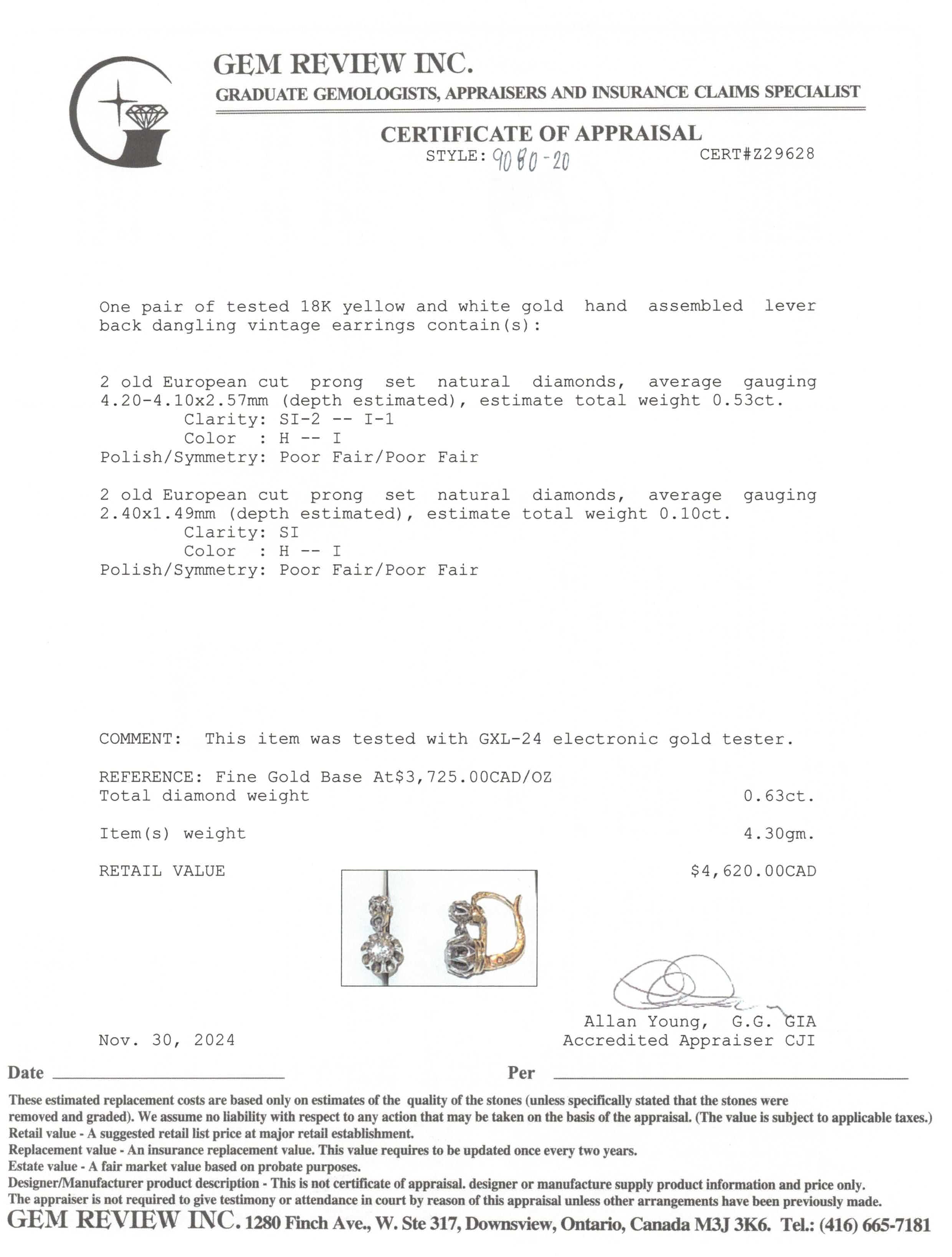 Old European Cut Diamond Lever Back Earrings | 0.63ctw |