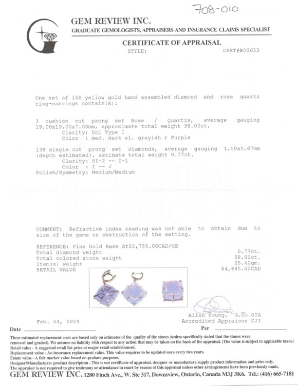 Rose Quartz & Diamond Ring & Earring Set | 98.00ctw, 0.77ctw | SZ 7 |