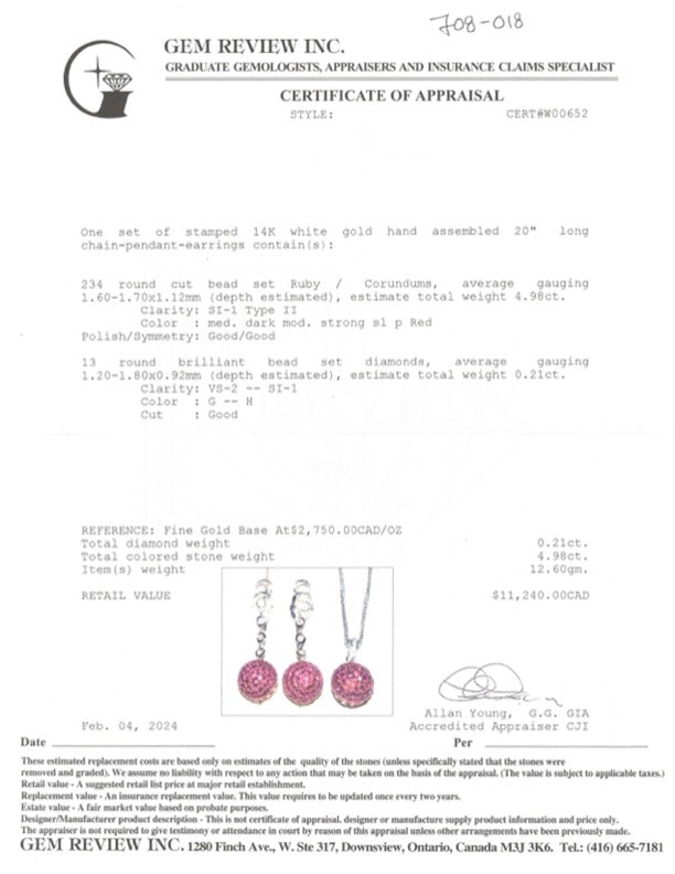 Ruby & Diamond Pendant & Earring Set | 4.98ctw, 0.21ctw | 20" |