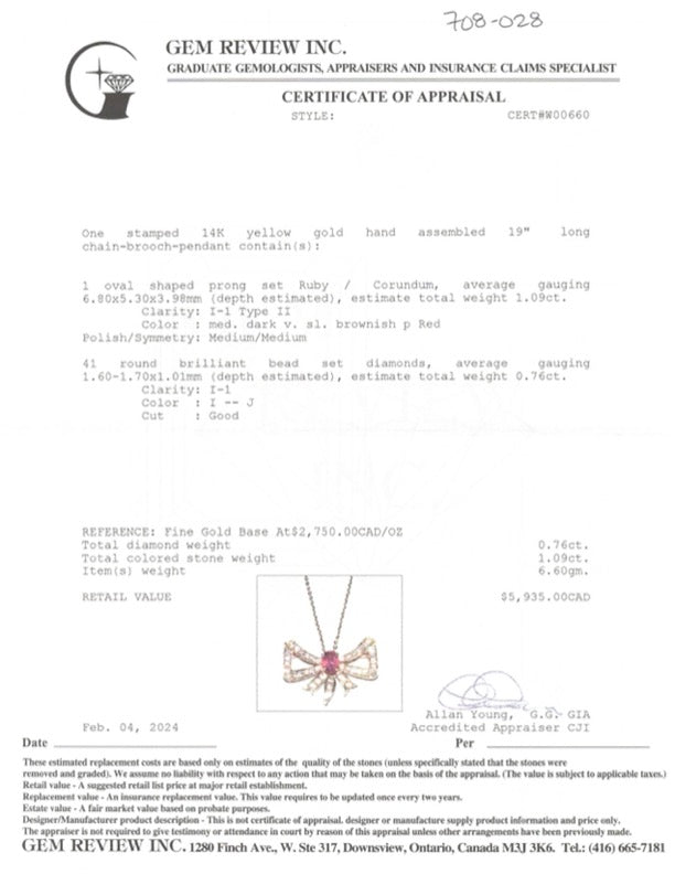 Ruby & Diamond Bow Modified Pendant & Brooch Necklace | 1.09ct, 0.76ctw | 20" |