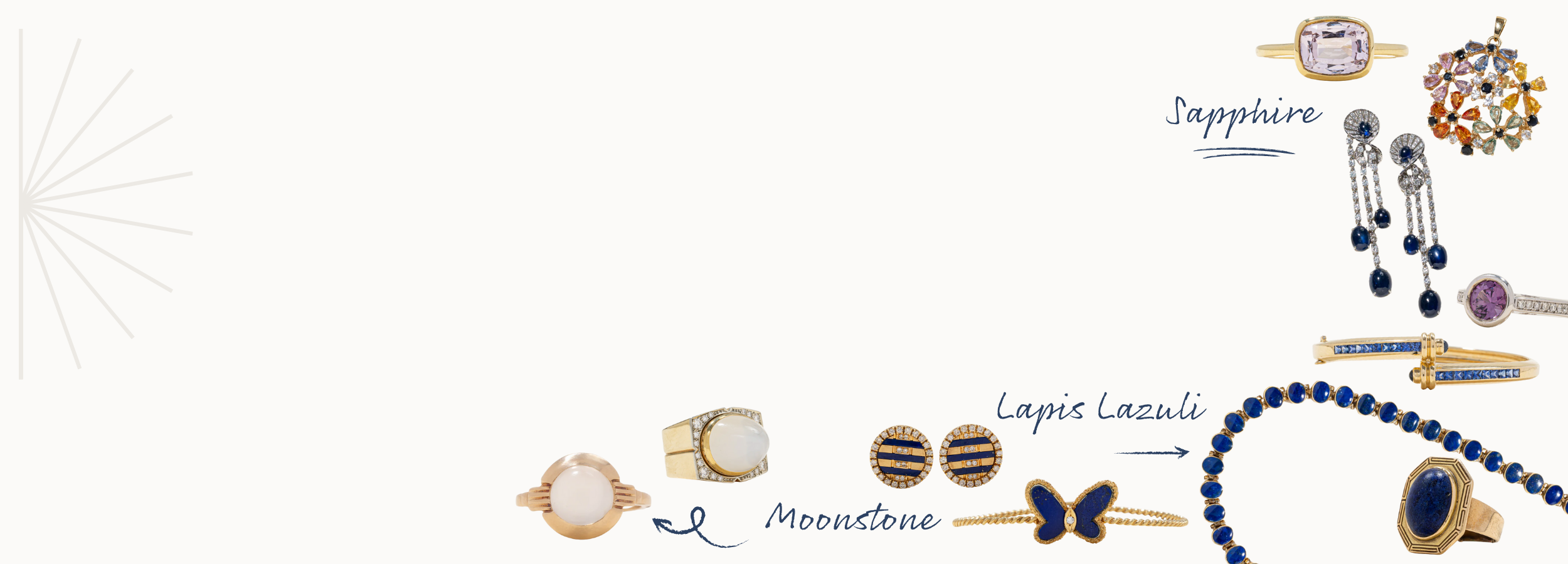 Collection of september alternate birthstone gemstone jewelry including colourful sapphires, lapis lazuli and moonstone rings, earrings, pendants, and necklaces on a creamy white background.