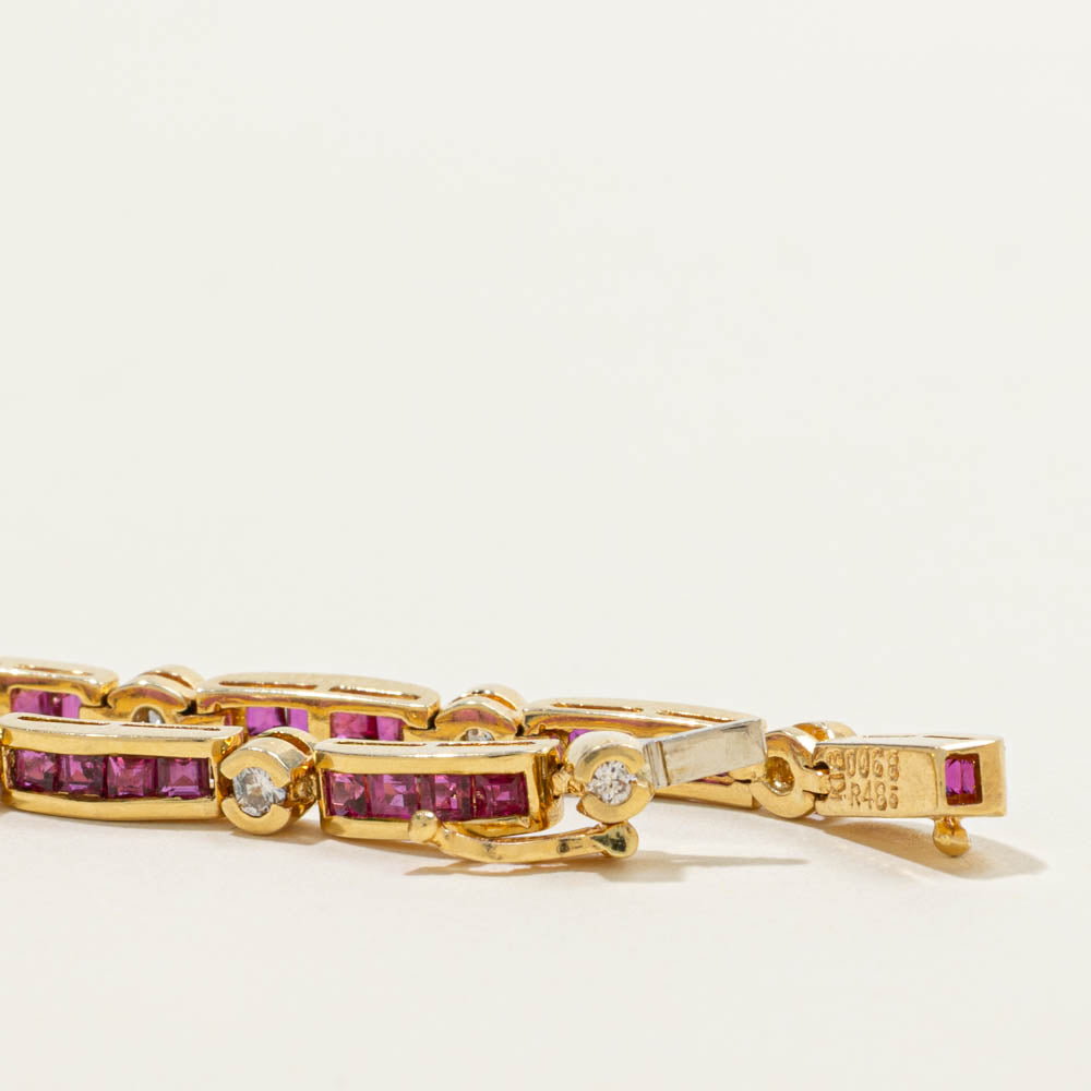 Bar Link Ruby Bracelet With Half Bezel Diamond Accents