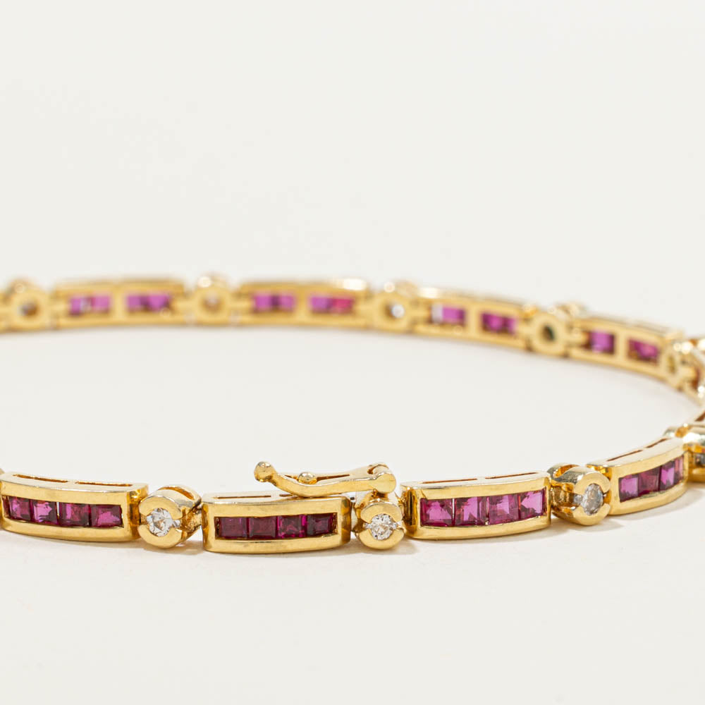 Bar Link Ruby Bracelet With Half Bezel Diamond Accents