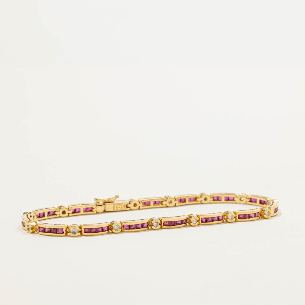 Bar Link Ruby Bracelet With Half Bezel Diamond Accents