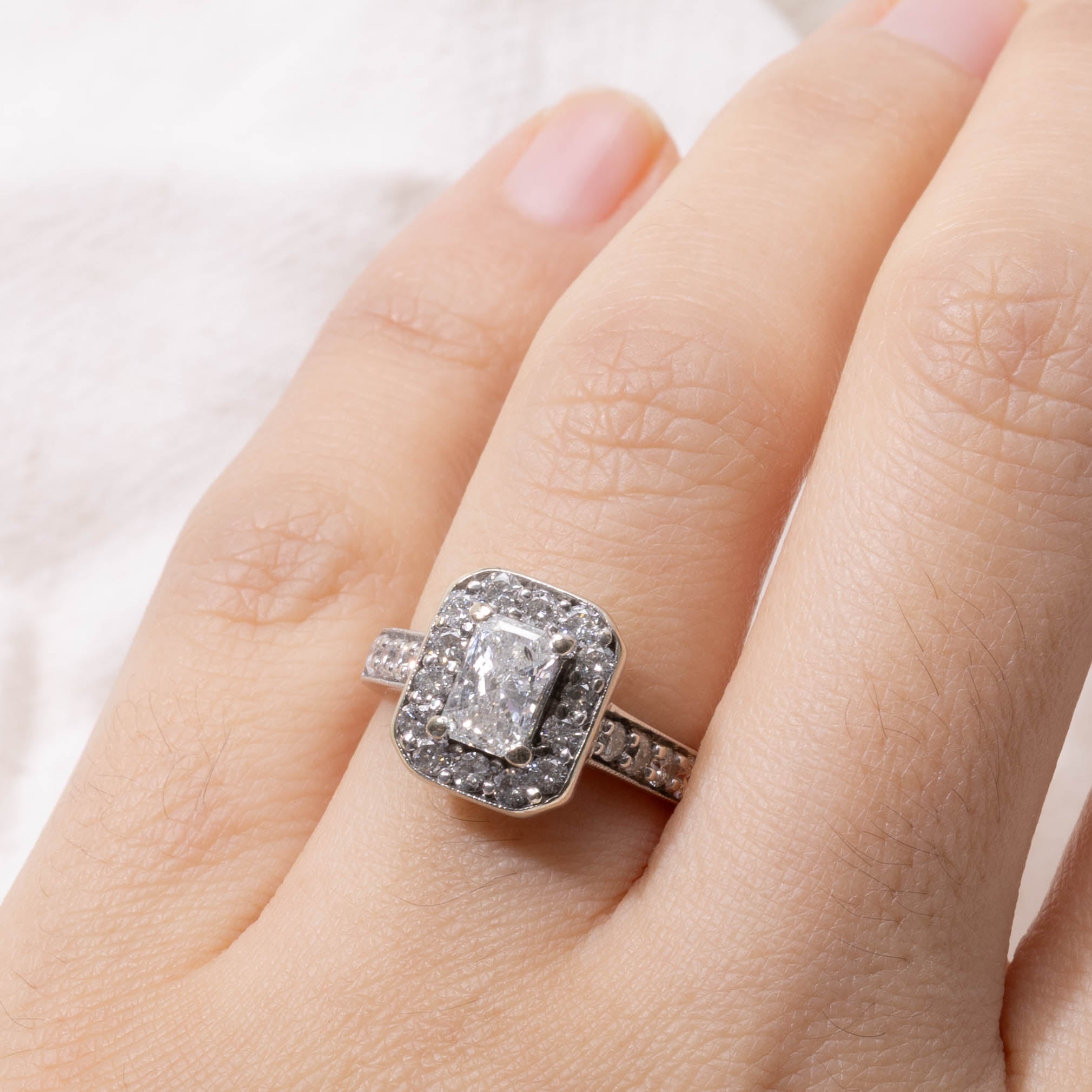 14k Radiant Cut Diamond Halo Ring | 0.91ct I1/I2 I/J, 0.54ctw | SZ 5.5