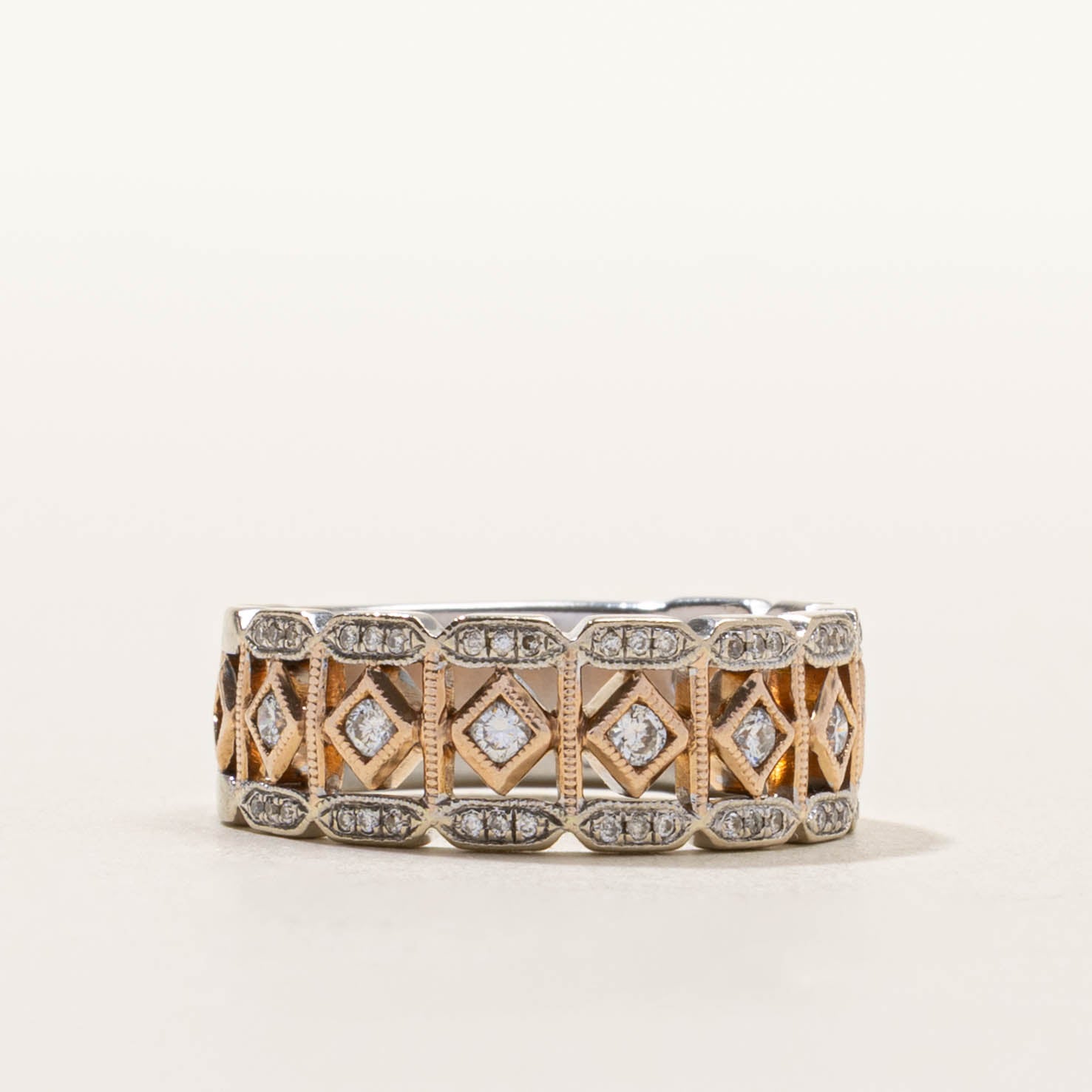 14k Two Tone Diamond Openwork Milgrained Band | 7mm | SZ 7