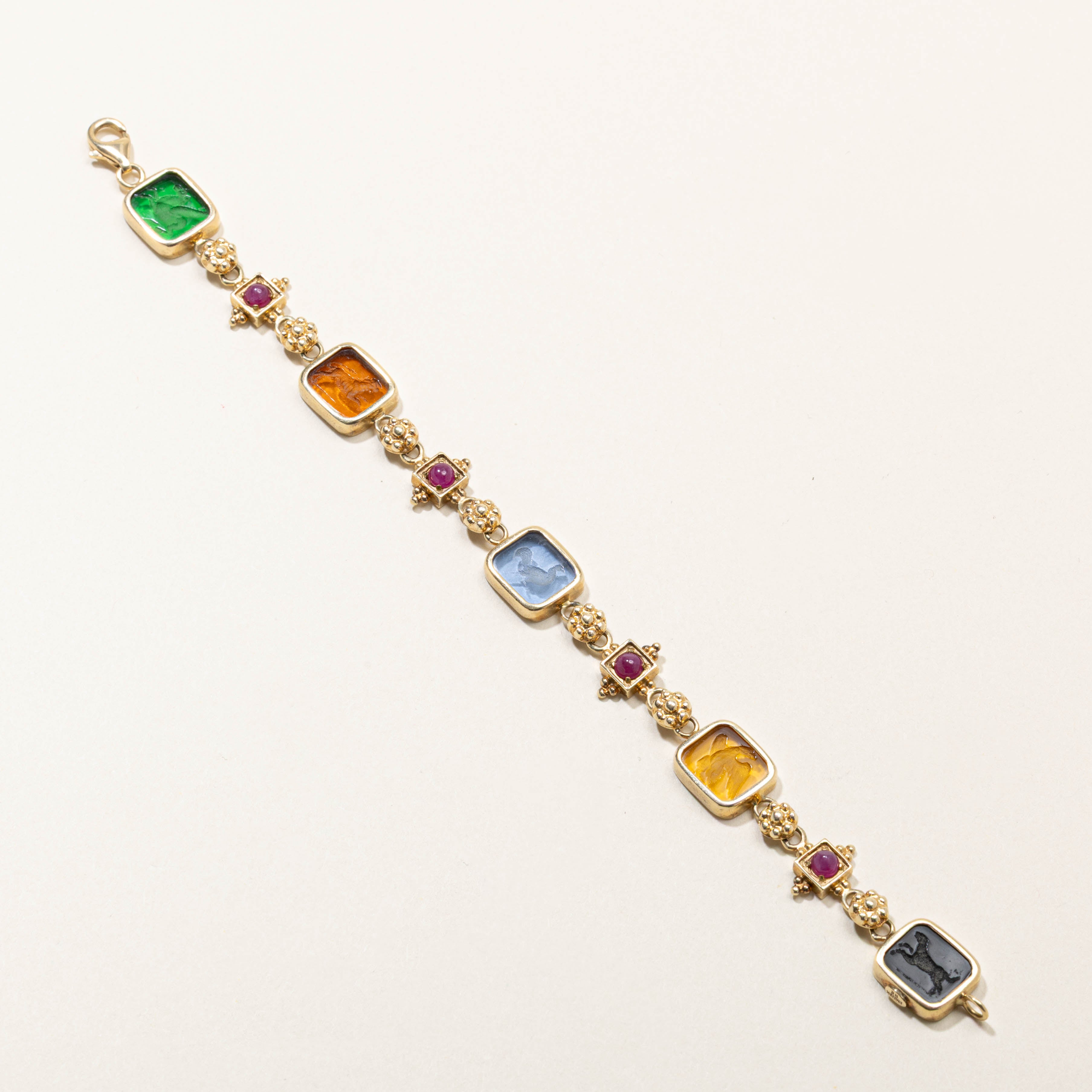 14k Bezel Set Ruby & Glass Intaglio Rainbow Bracelet | 1.40ctw, 25.00ctw
