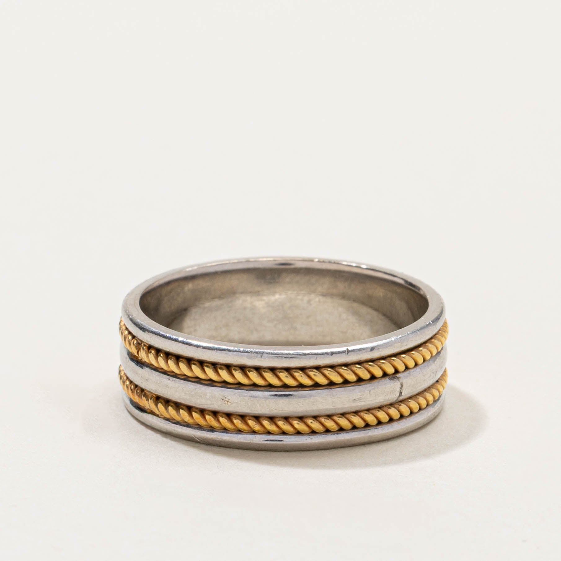 24k Yellow Gold & Platinum Rope Textured Band | 6.95mm | SZ 8.75