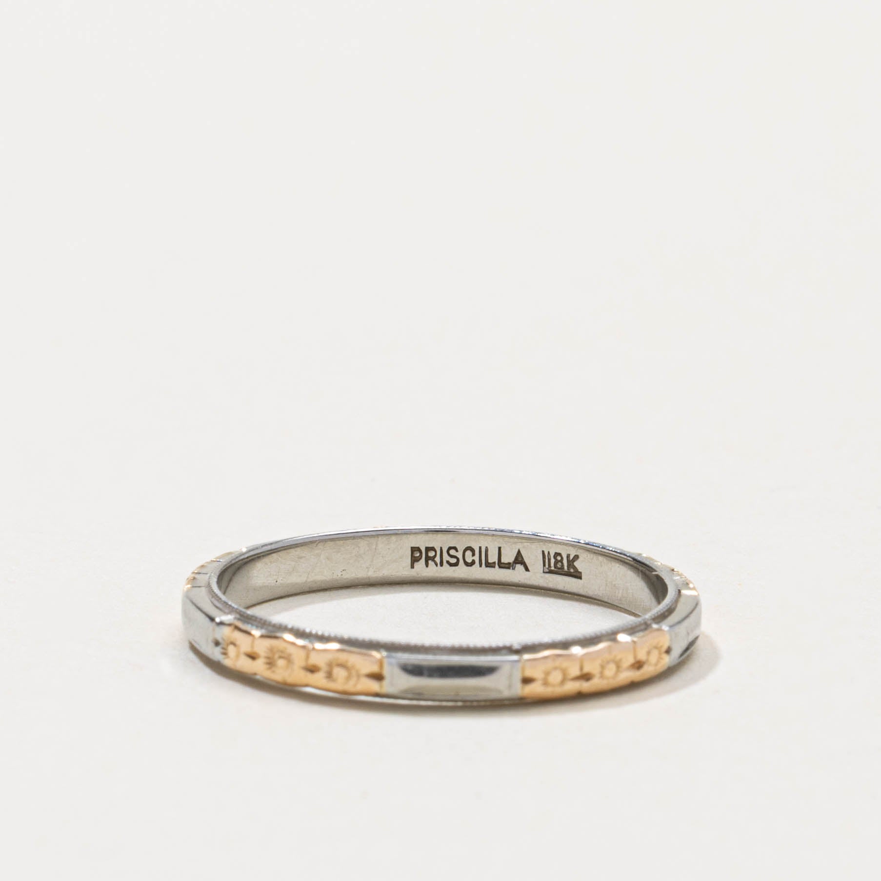 18k Two Tone Gold Textured Floral Band | 2.40mm | SZ 7.25