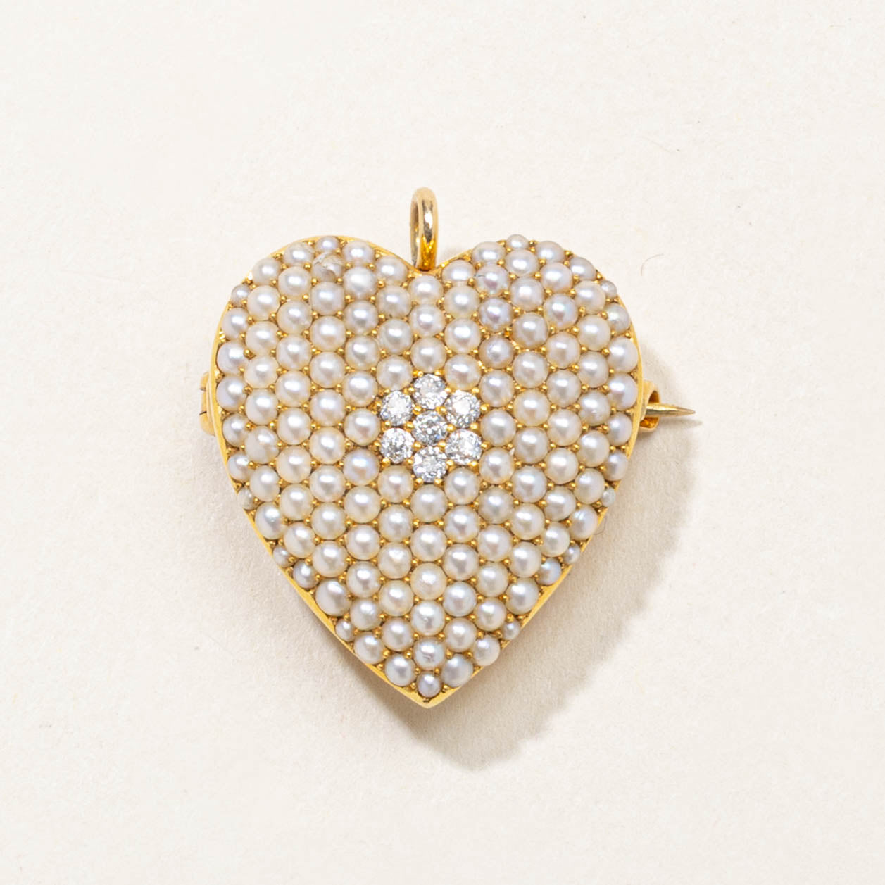 Antique Pave Set Seed Pearl & Diamond Heart Brooch | 0.14ctw