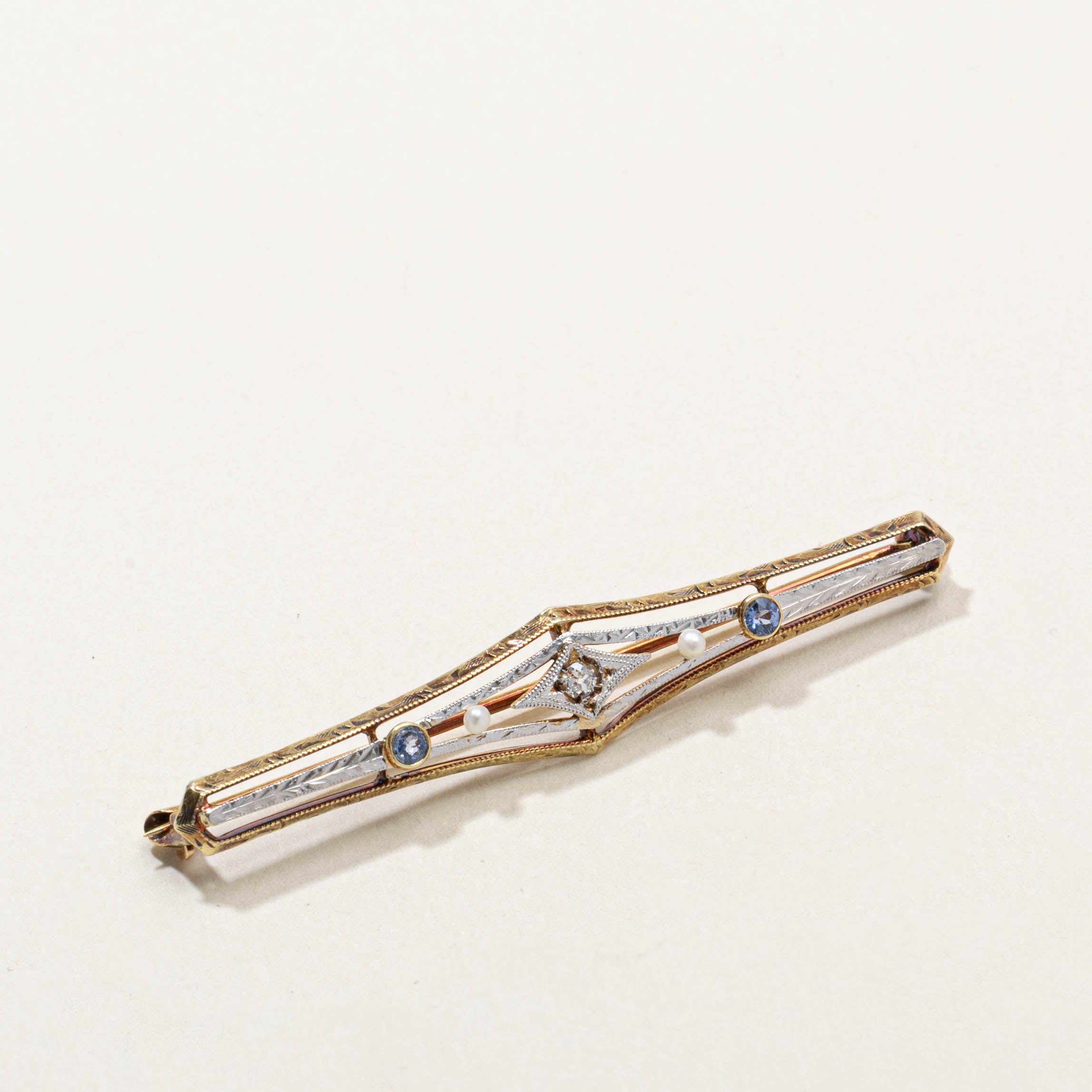Art Deco Sapphire, Pearl & Diamond Brooch | 0.10ctw, 0.04ctw