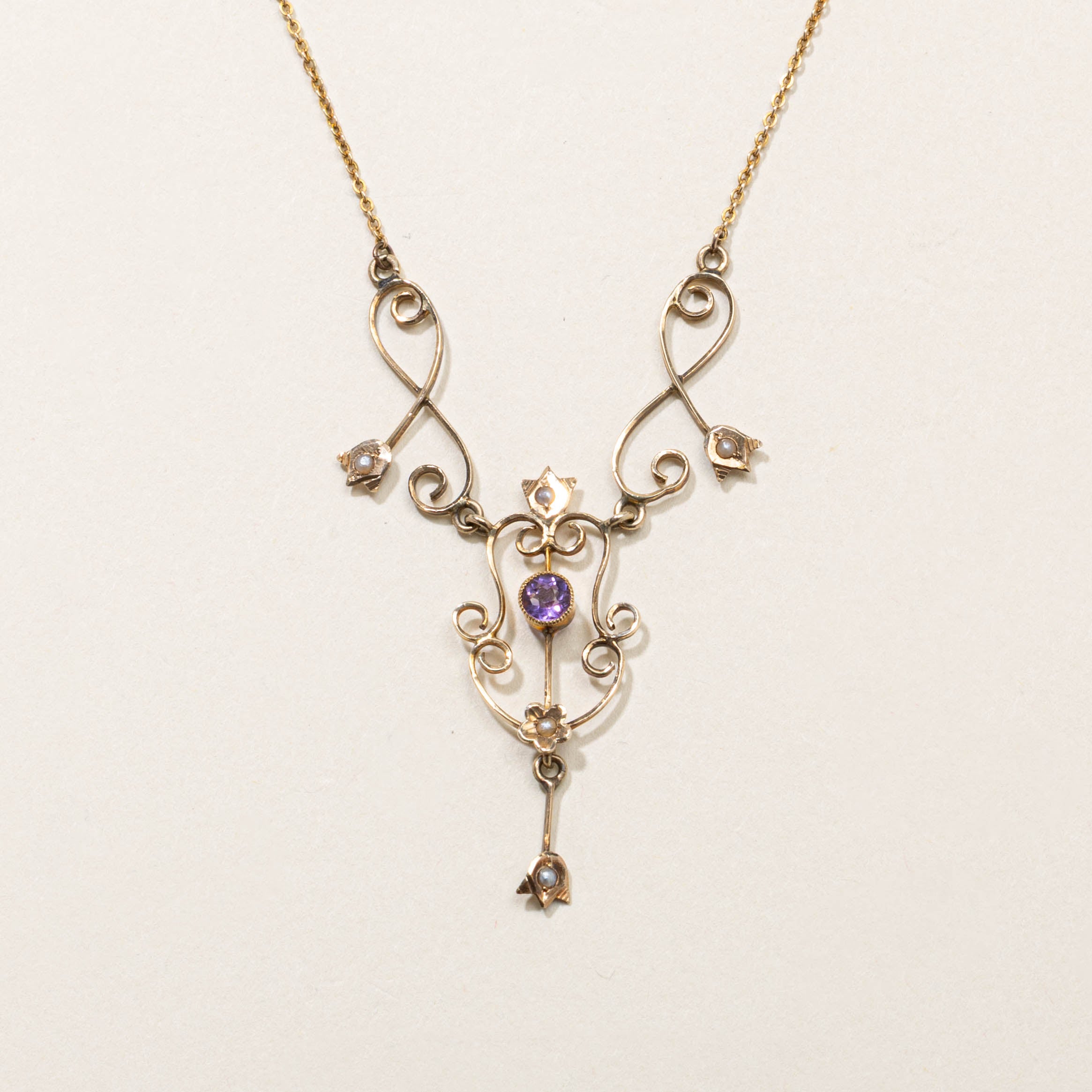 10k Art Nouveau Amethyst & Pearl Scrollwork Necklace | 0.20ct | 16"