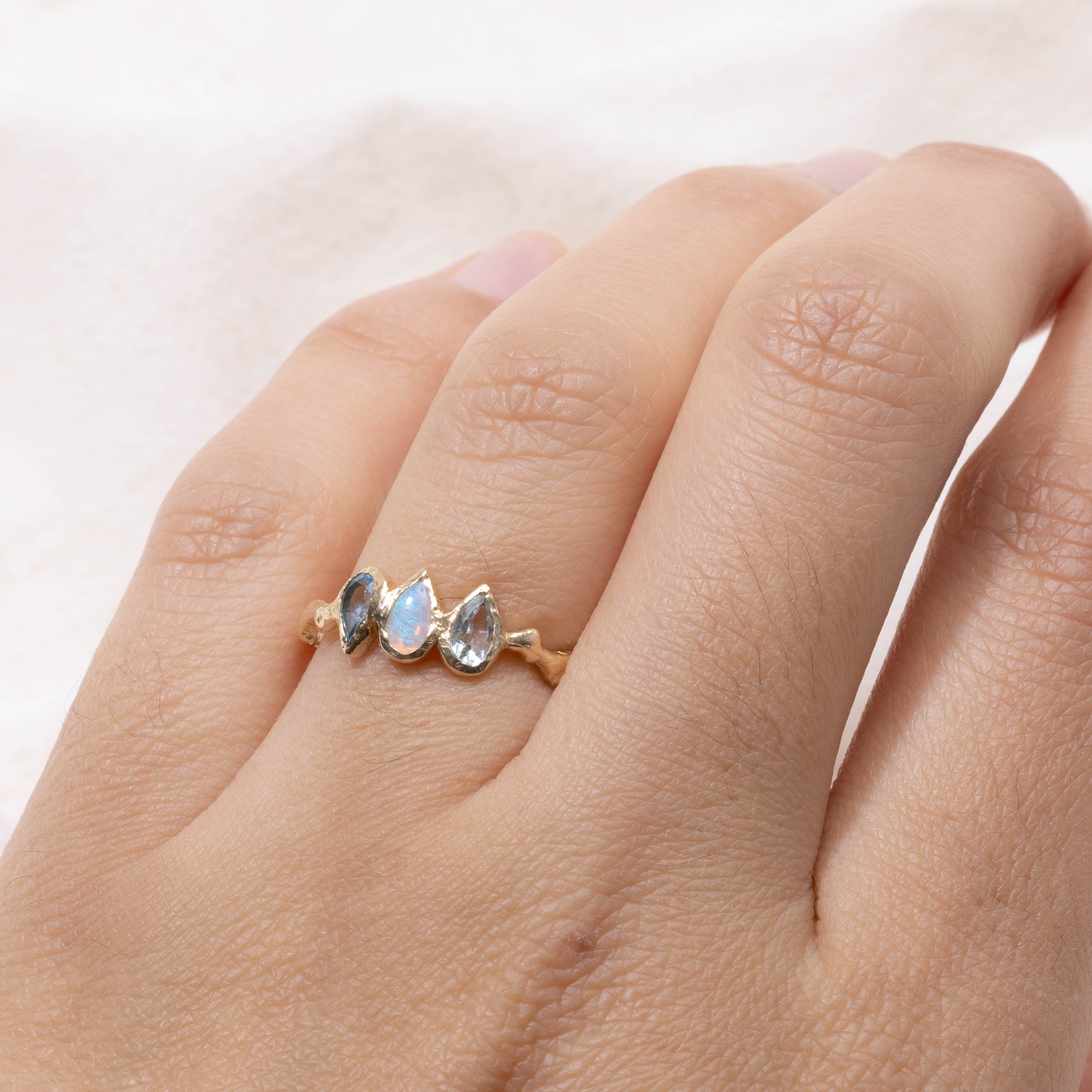 14k Pear Cut Aquamarine, Opal, and Blue Topaz Ring | 0.45ctw | SZ 6.5