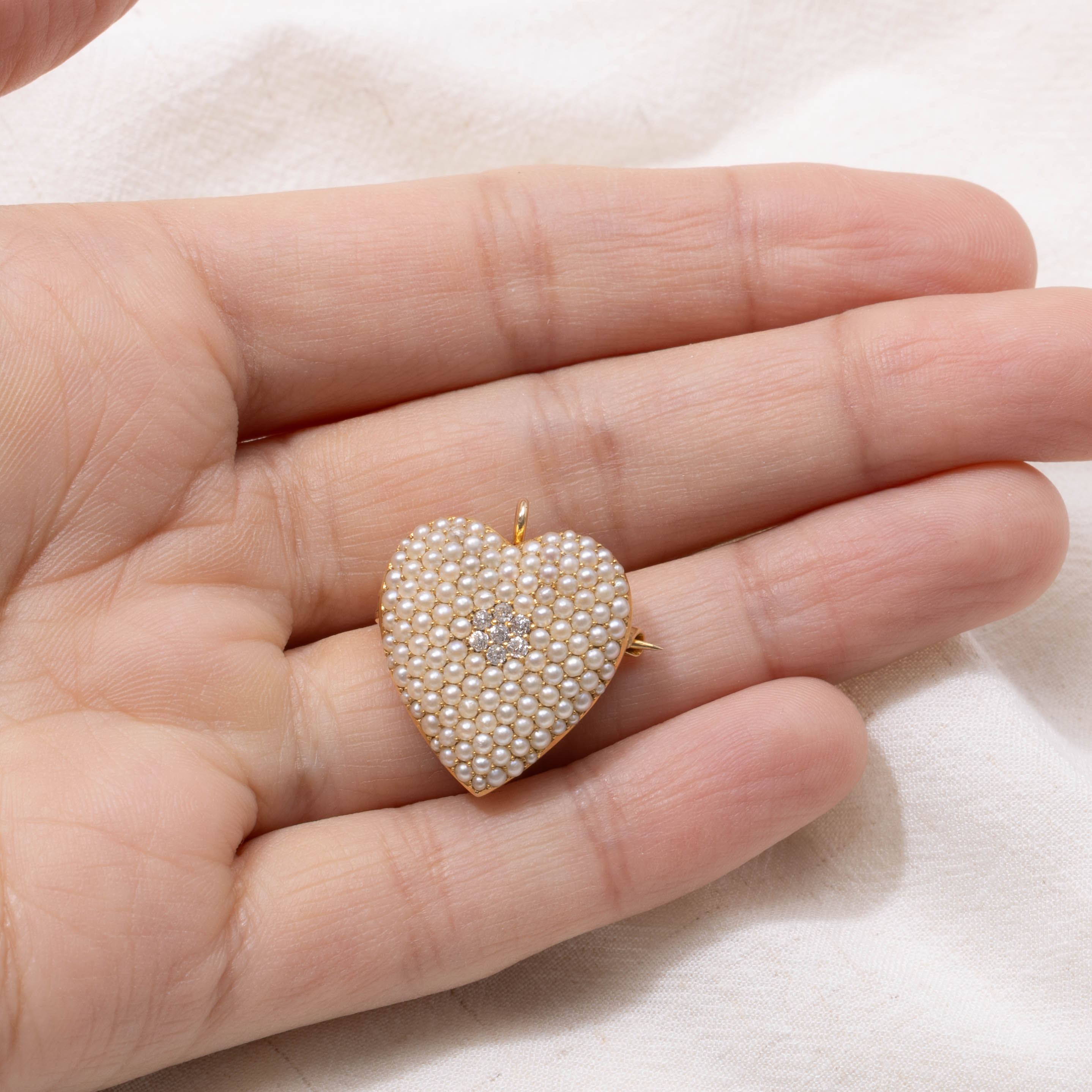 Antique Pave Set Seed Pearl & Diamond Heart Brooch | 0.14ctw