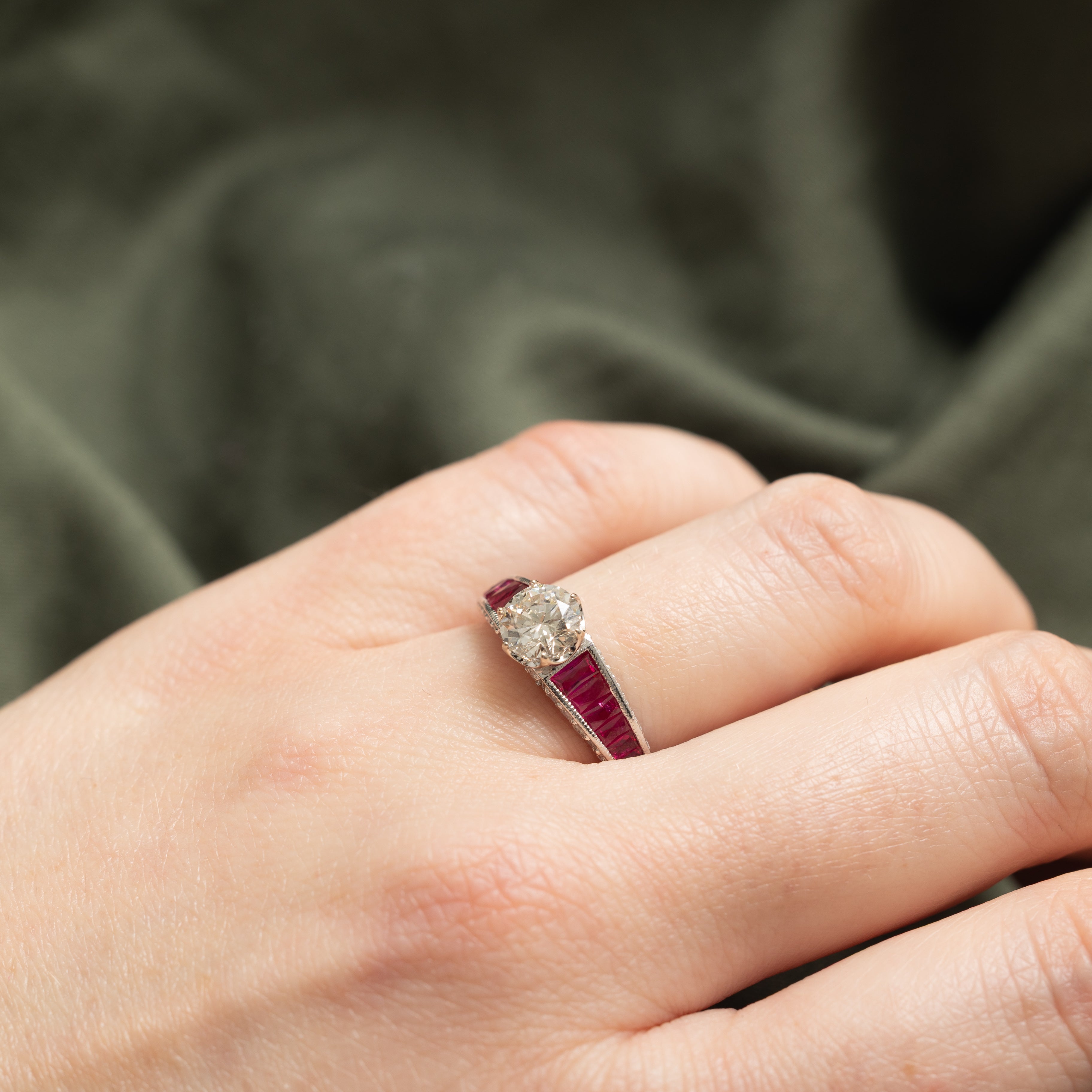 '100 Ways' Art Deco Inspired Diamond and Ruby Ring | 0.91ct, 1.05ctw, 0.40ctw | SZ 6.75