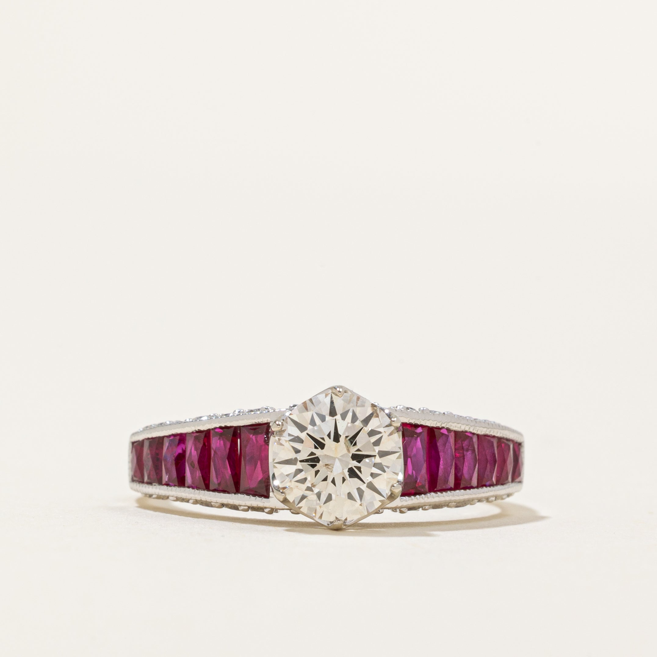 '100 Ways' Art Deco Inspired Diamond and Ruby Ring | 0.91ct, 1.05ctw, 0.40ctw | SZ 6.75