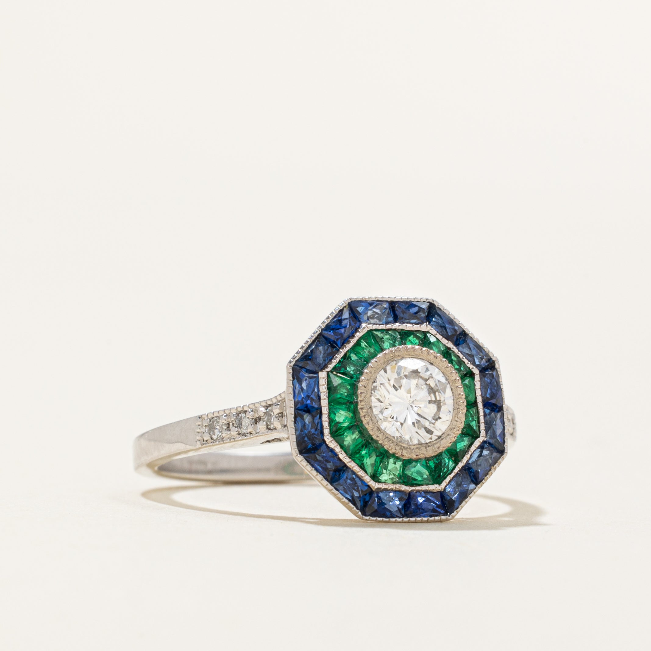'100 Ways' Art Deco Inspired GIA Diamond, Sapphire and Emerald Ring | 0.40ct, 1.20ctw, 0.45ctw | 6.75