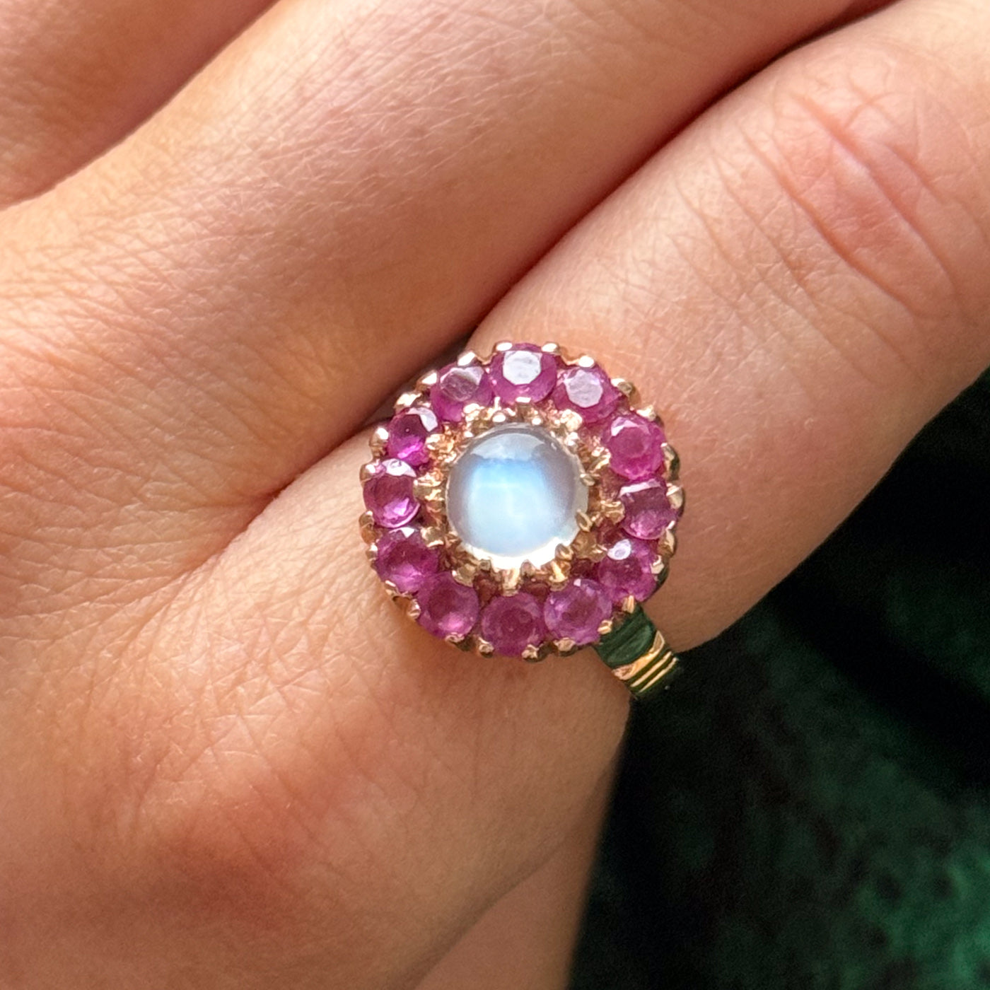 Bague halo en pierre de lune et saphir rose | 0,90 ct, 2,40 ct au total | Taille 6 |