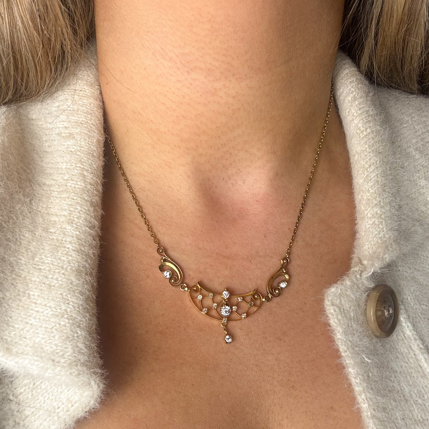 French Art Nouveau Era Old Cut Diamond Lavalier Necklace | 0.85ctw | 18" |