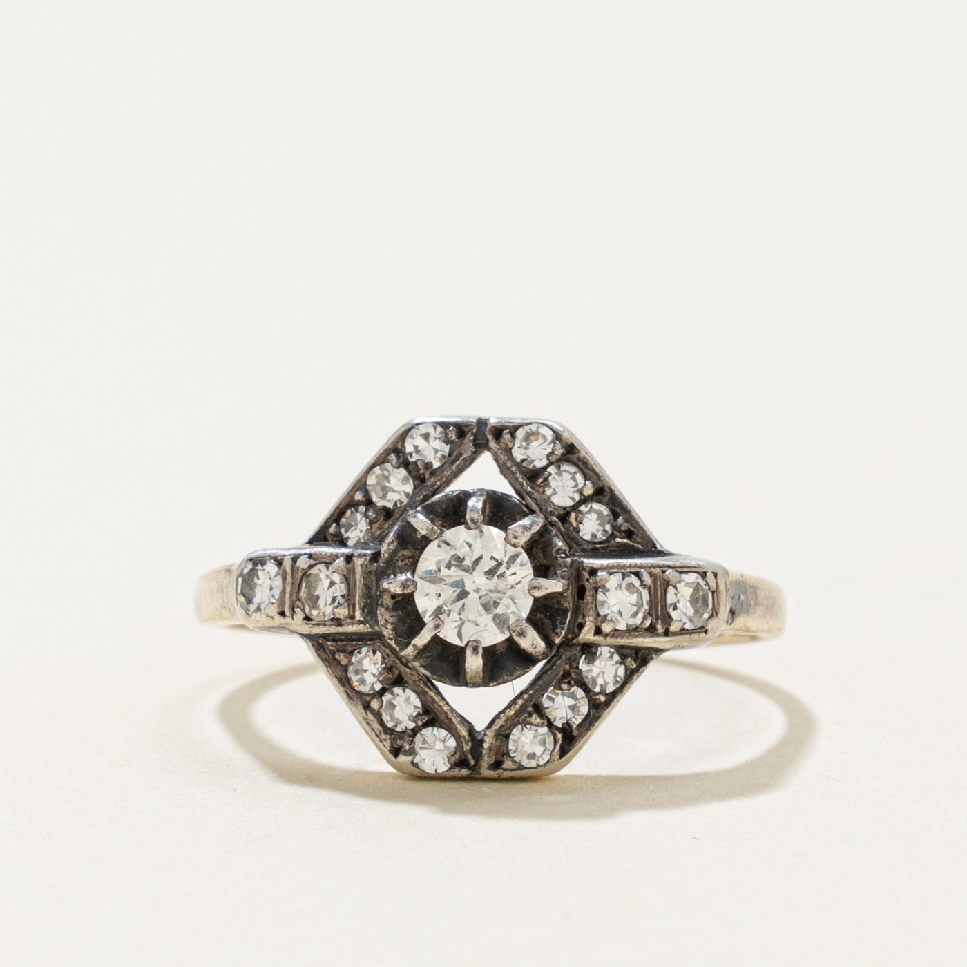 Art Deco 14k Silver Top Diamond Geometric Ring | 0.17ct, 0.20ctw | SZ 6
