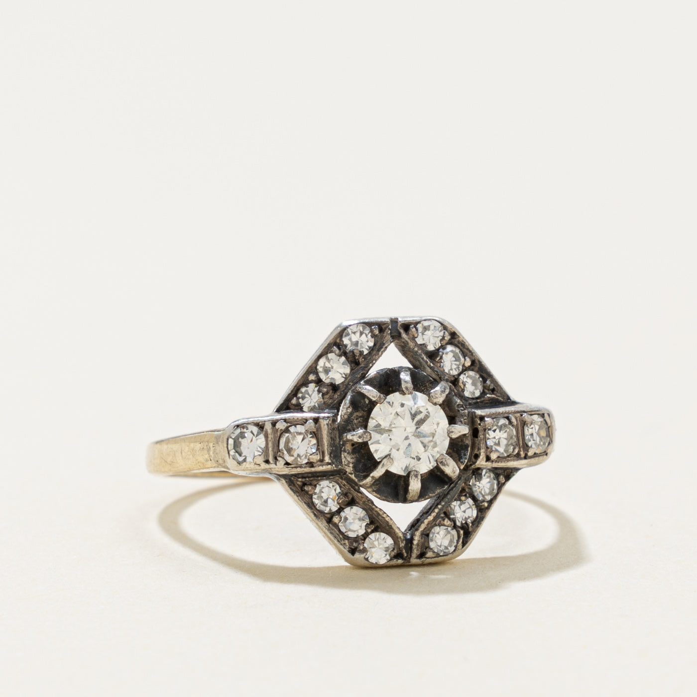 Art Deco 14k Silver Top Diamond Geometric Ring | 0.17ct, 0.20ctw | SZ 6