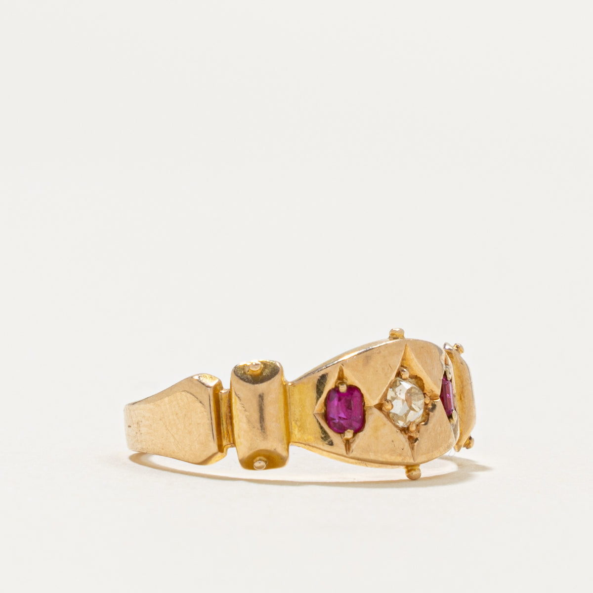 1880 Chester Old Mine Cut Diamond & Ruby Grooved Ring | 0.10ct, 0.14ctw | SZ 4.75